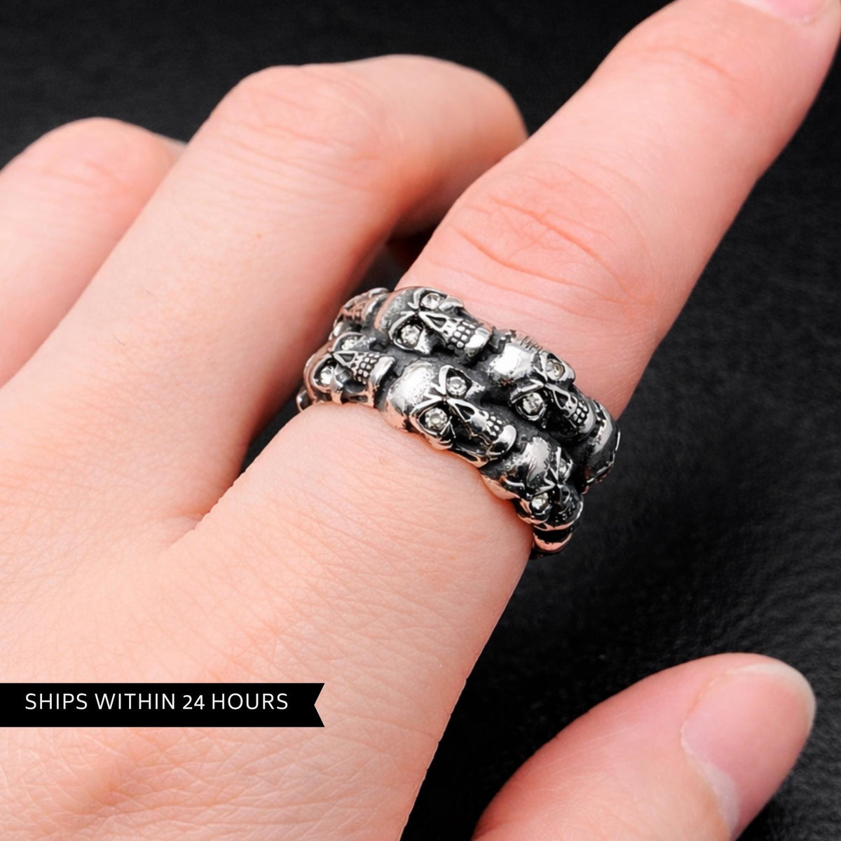 Mens Stainless Steel Skull Biker Ring, Heavy Motorcycle Jewelry with CZ Accents