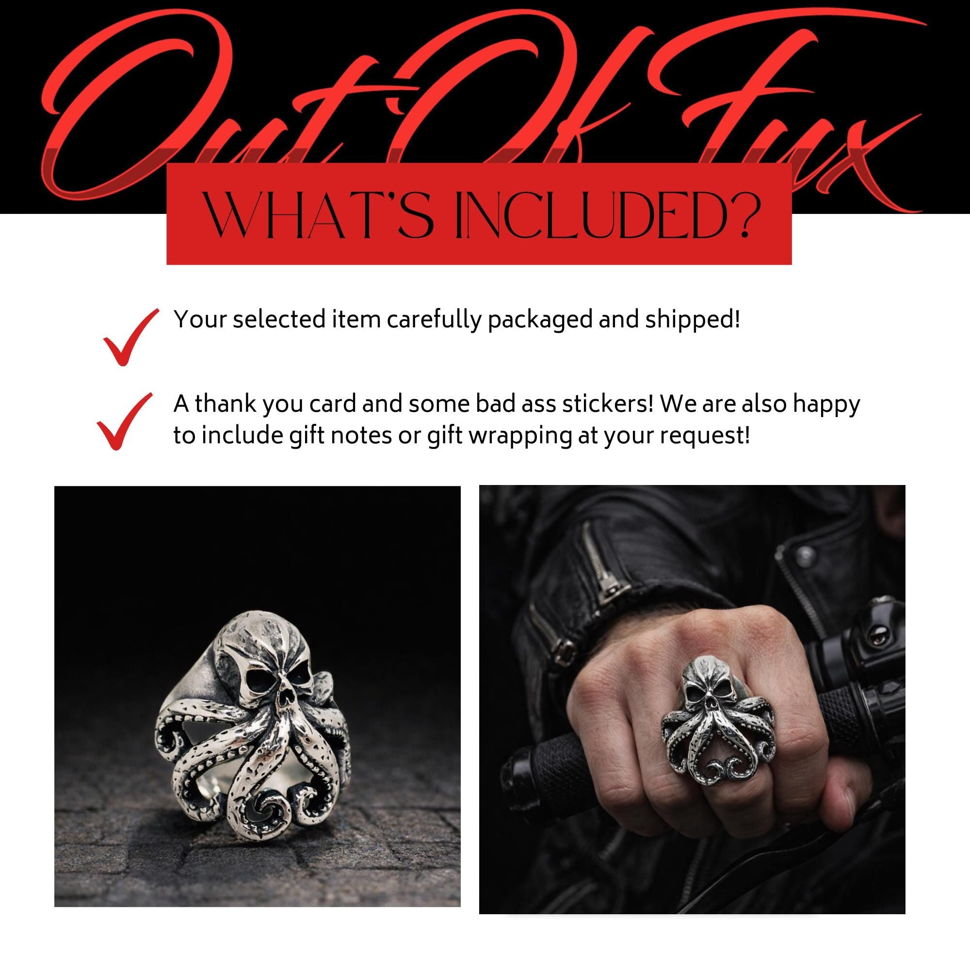 Stainless Steel Kraken Skull Ring, Gothic Octopus Biker Ring for Men