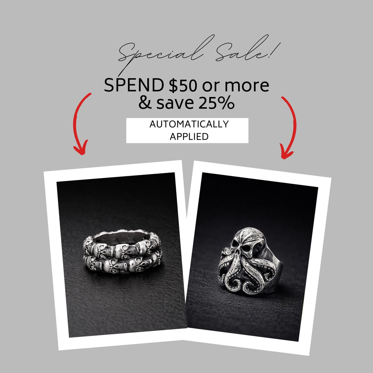 Stainless Steel Kraken Skull Ring, Gothic Octopus Biker Ring for Men