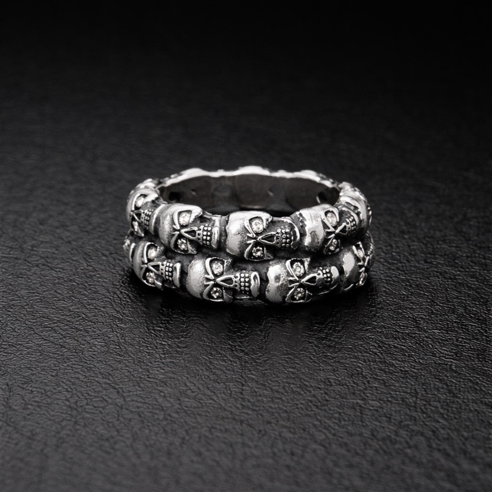 Mens Stainless Steel Skull Biker Ring, Heavy Motorcycle Jewelry with CZ Accents