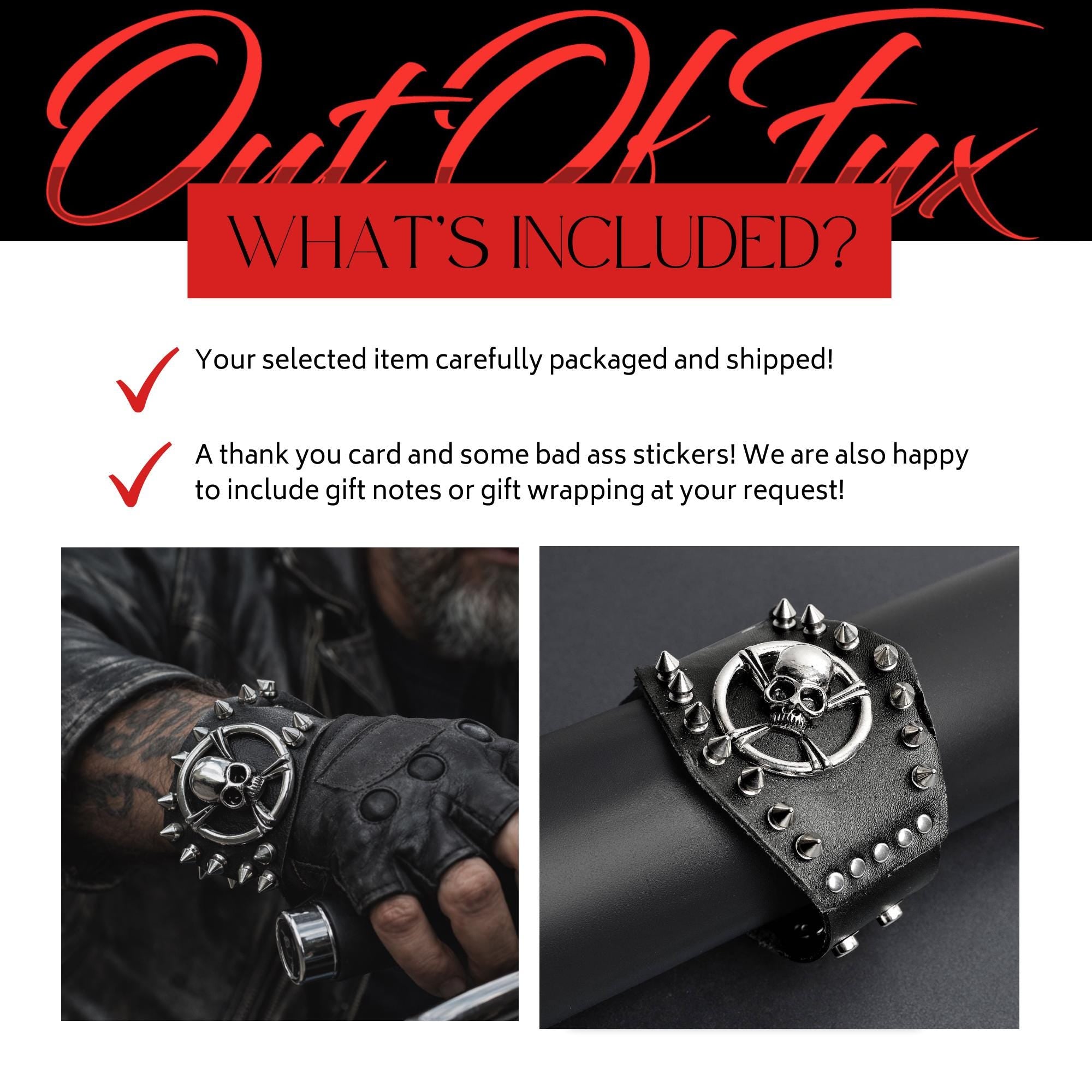 Biker Skull Leather Cuff Bracelet for Men, Faux Leather Wristband with Stainless Steel Studs