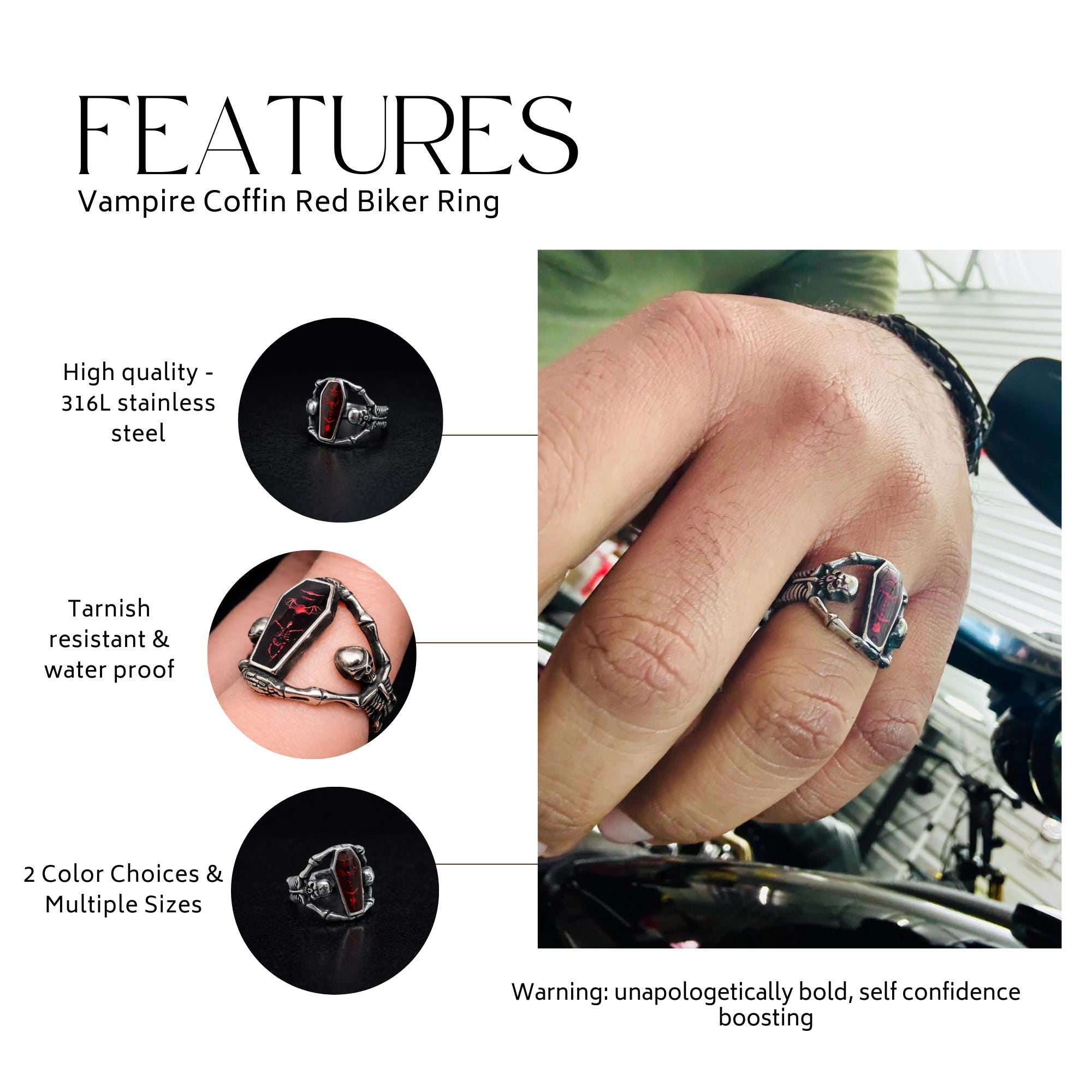 Red Coffin Skeleton Ring, Gothic Stainless Steel Statement Ring