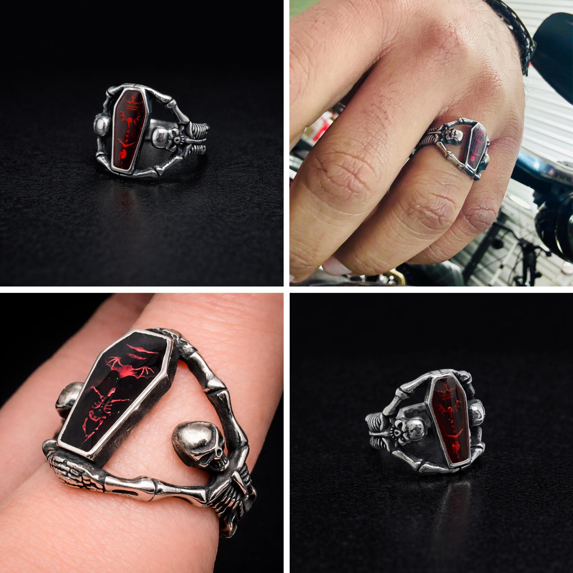 Red Coffin Skeleton Ring, Gothic Stainless Steel Statement Ring
