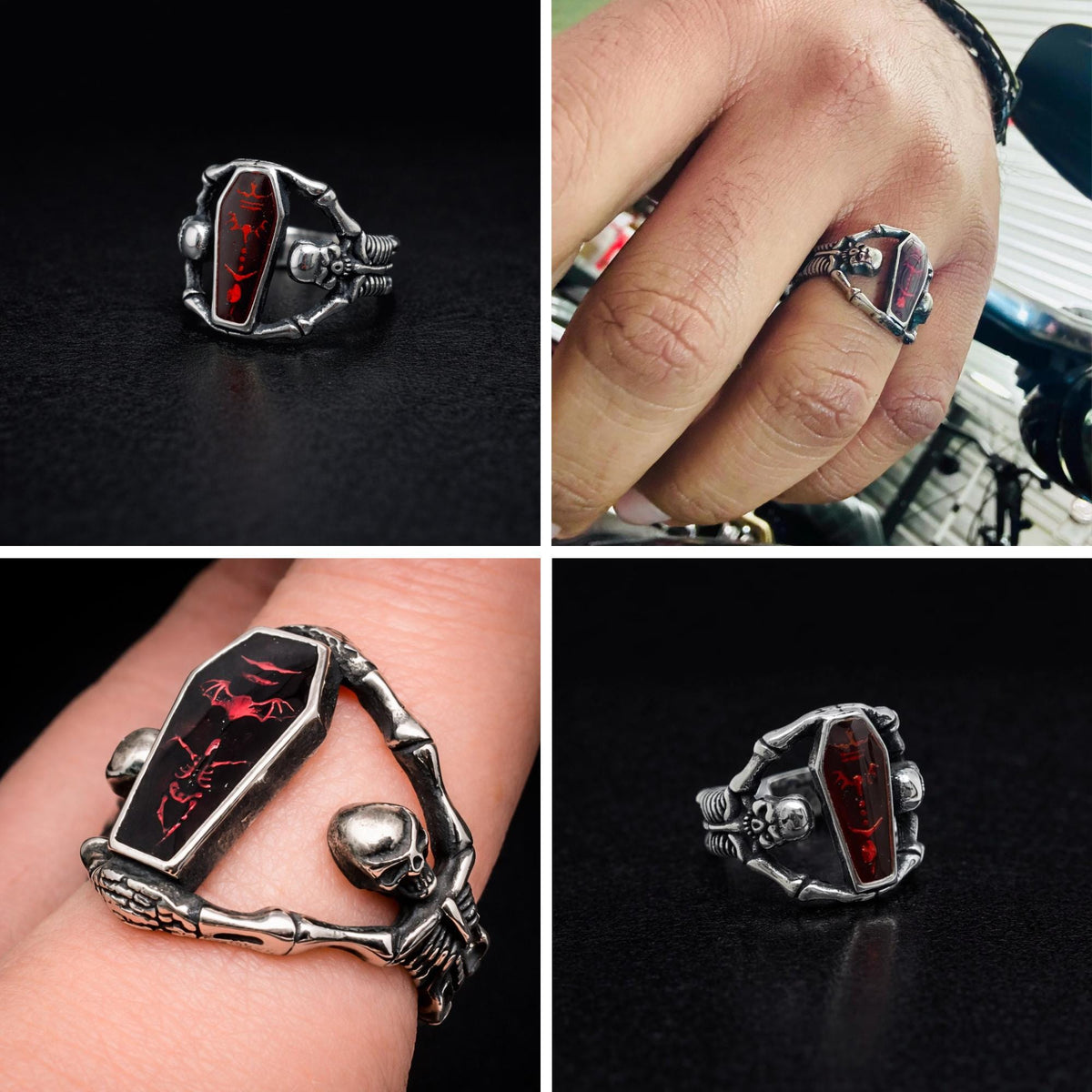 Red Coffin Skeleton Ring, Gothic Stainless Steel Statement Ring