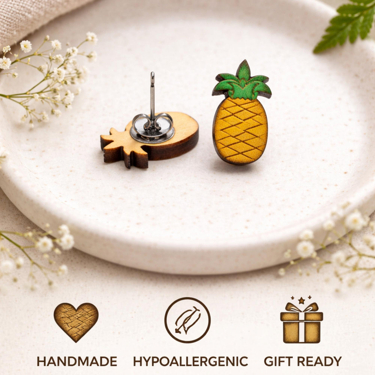 Wooden Pineapple Stud Earrings – Lightweight Tropical Fruit Jewelry