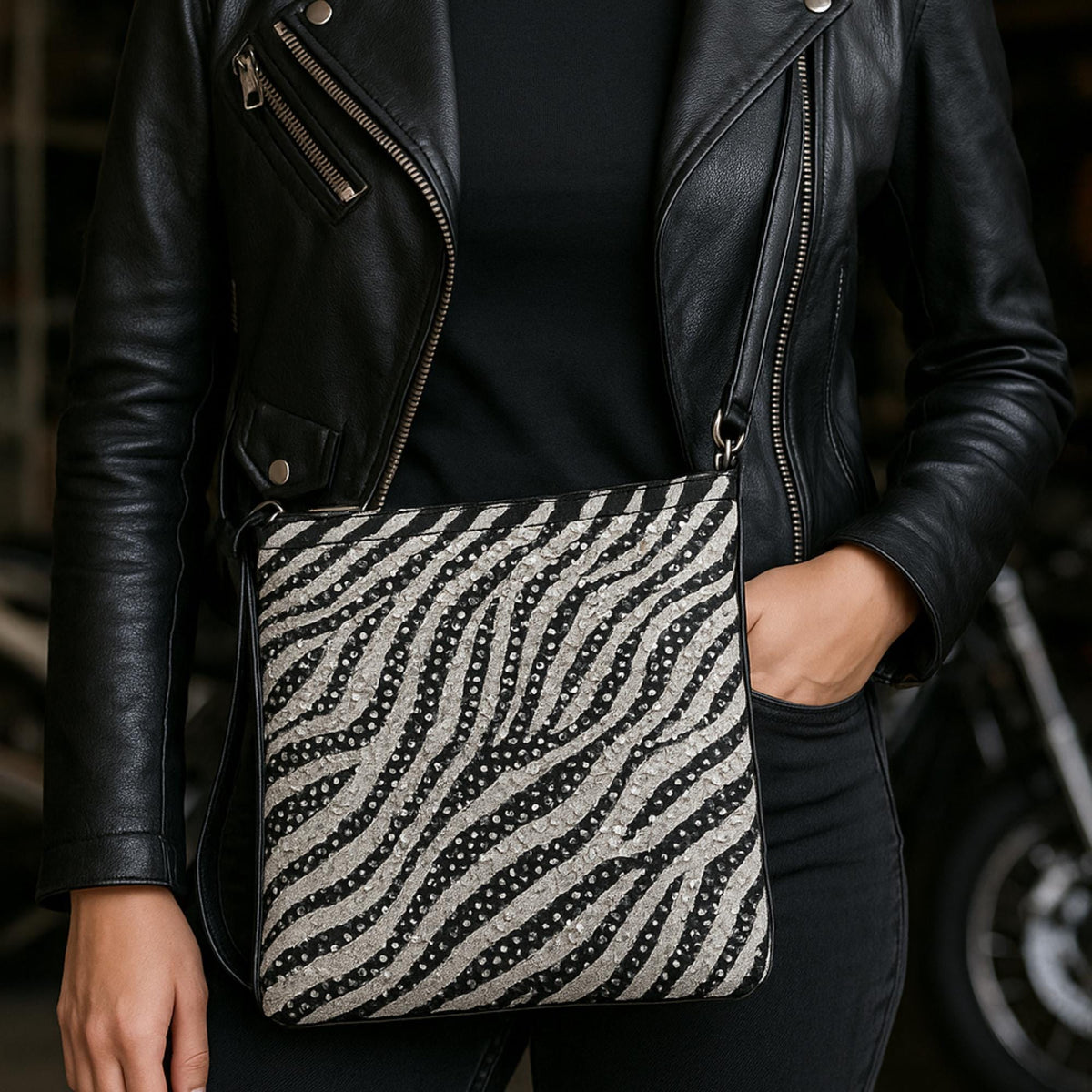 Rhinestone Zebra Crossbody: Faux Leather Chain Purse for Women
