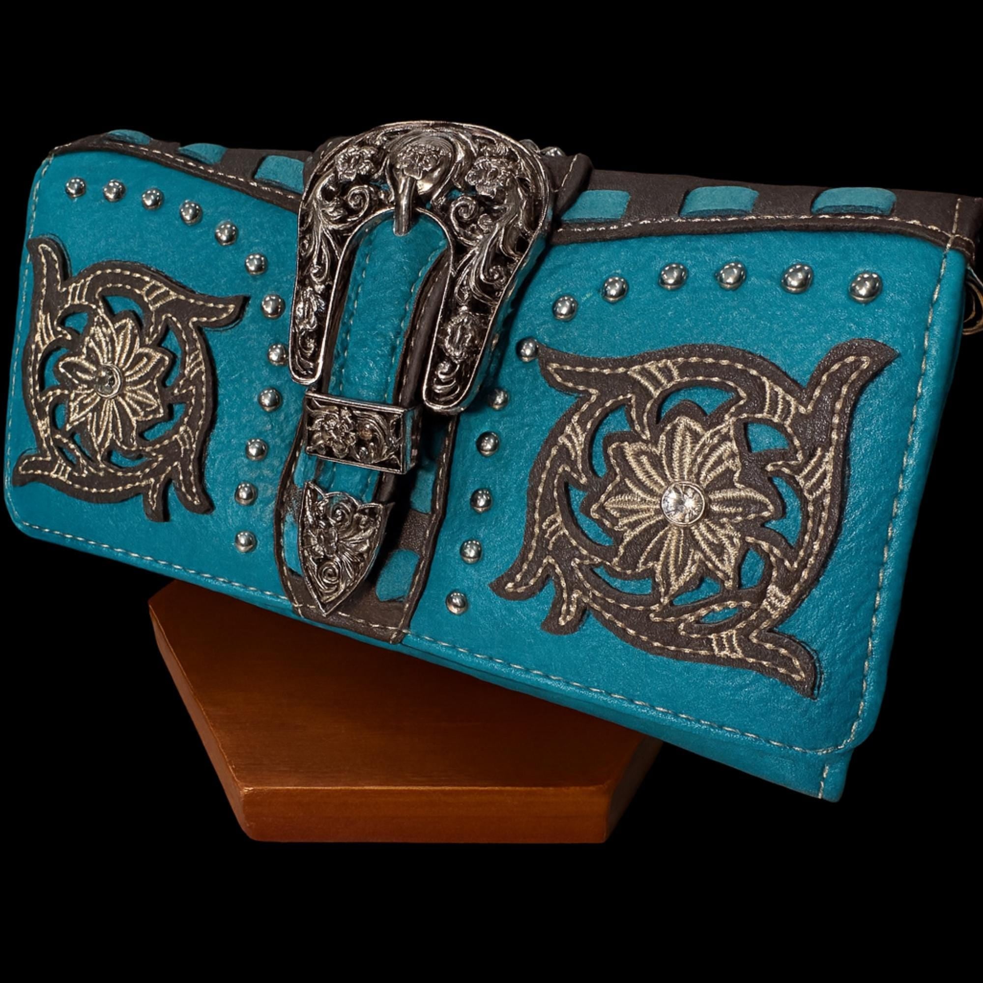 Turquoise Western Crossbody Wallet: Tri Fold Design with Strap