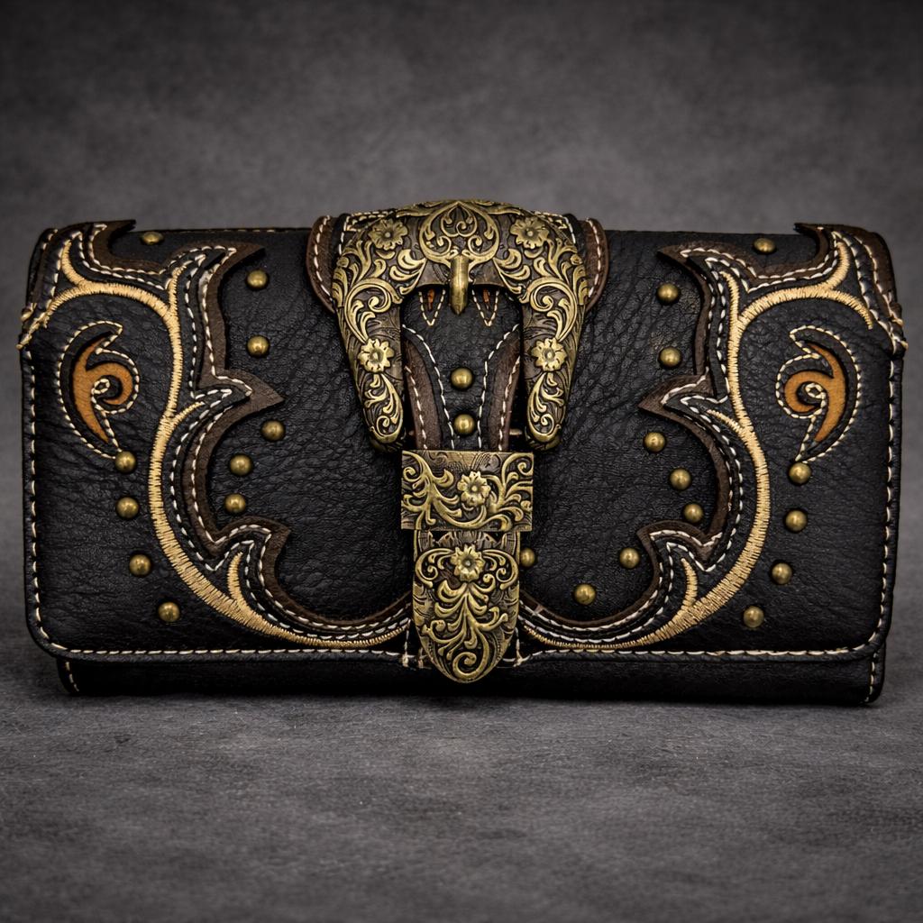 Tooled Leather Buckle Crossbody Wallet: Western Trifold Purse for Phone and Cards
