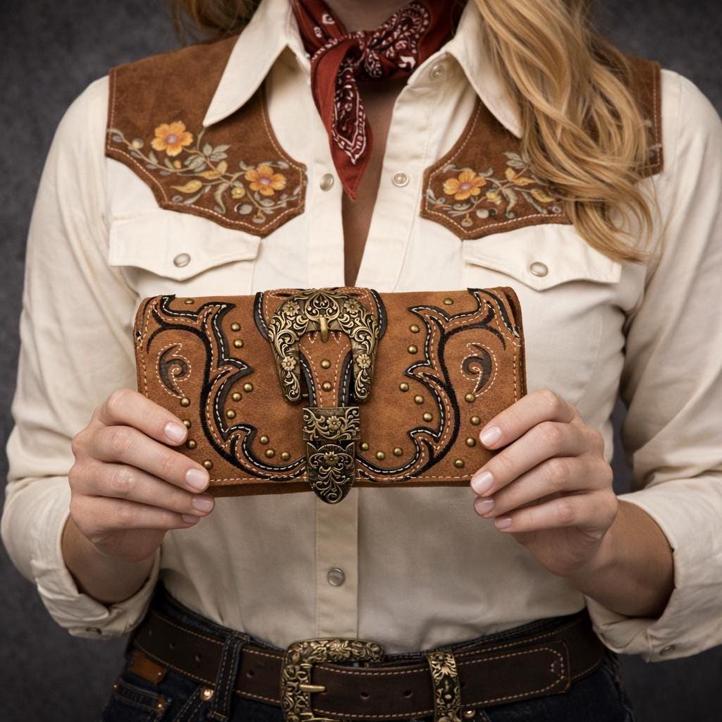 Tooled Leather Buckle Crossbody Wallet: Western Trifold Purse for Phone and Cards