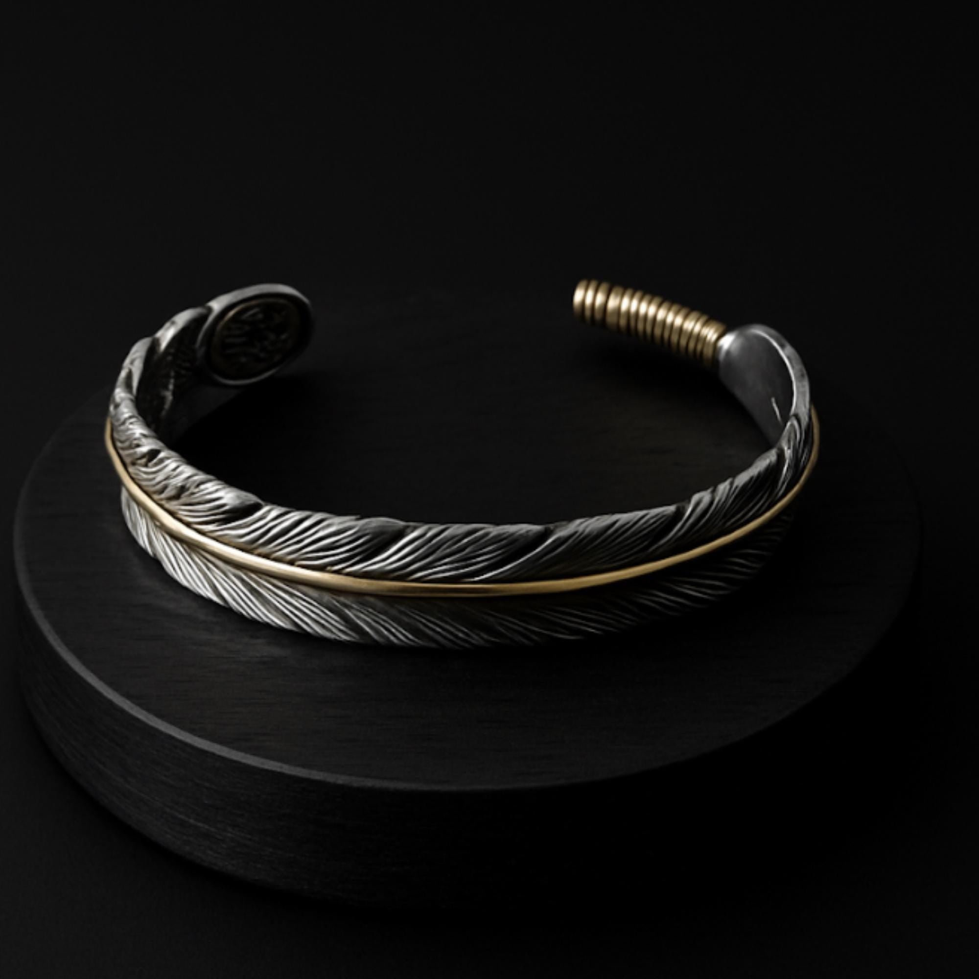 Feather Cuff Bracelet in Stainless Steel with 18K Gold Accent, Adjustable Unisex Statement Jewelry
