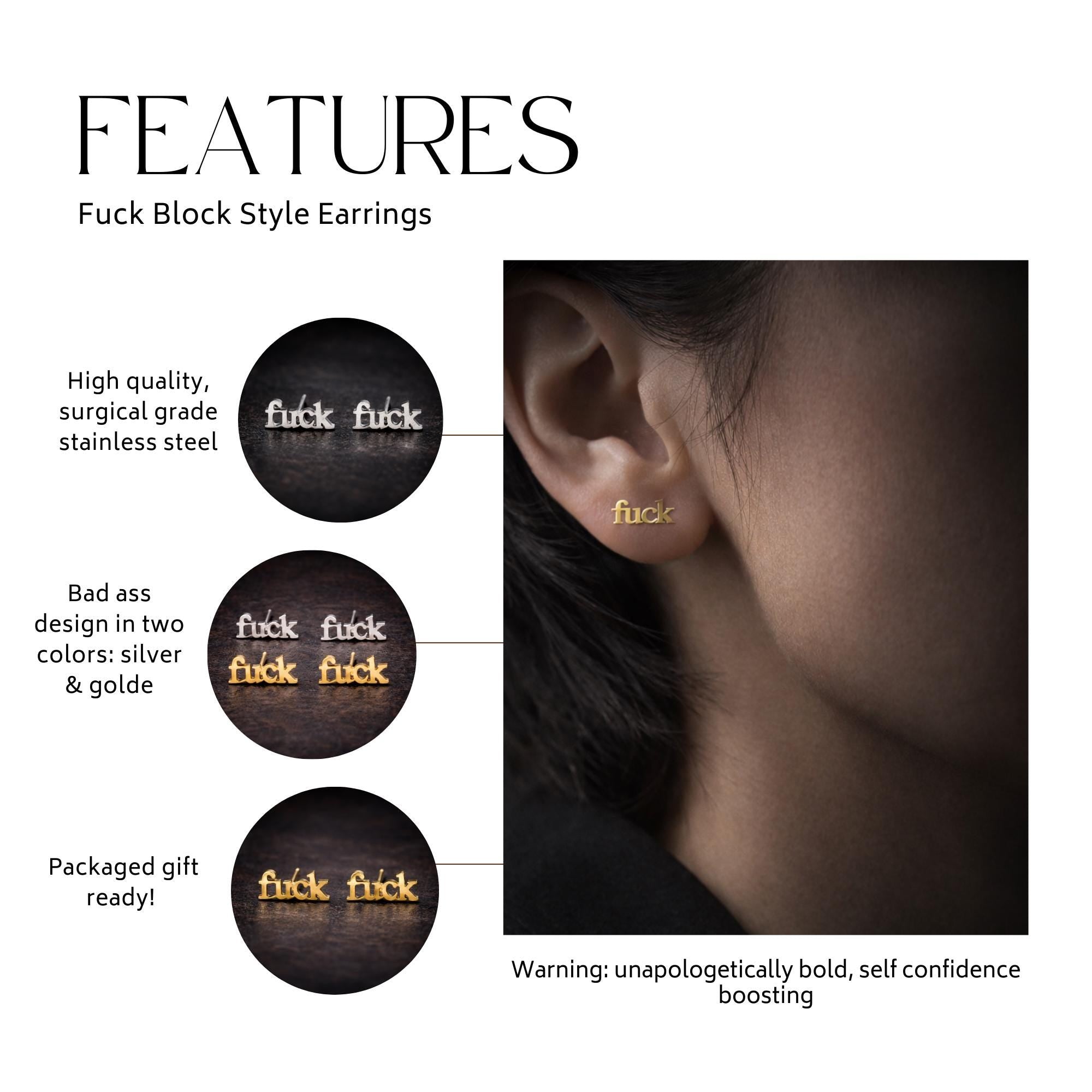Gold Fuck Stud Earrings, Minimal Script Statement Jewelry