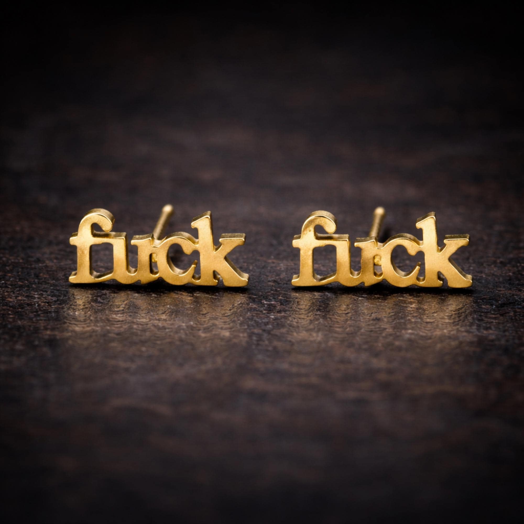 Gold Fuck Stud Earrings, Minimal Script Statement Jewelry