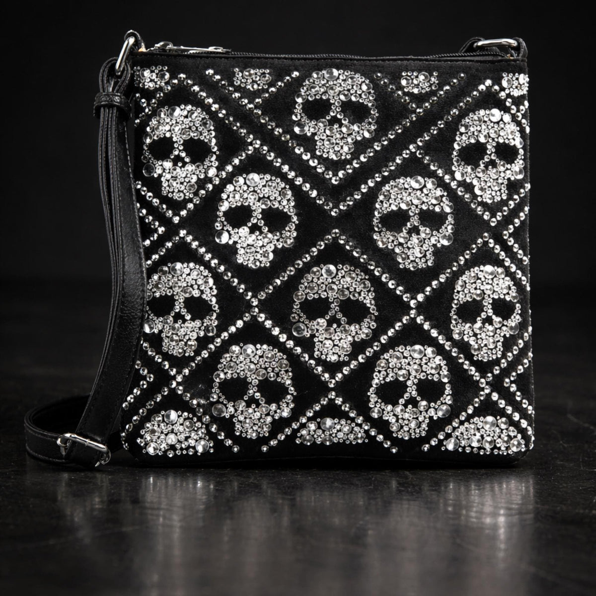 Rhinestone Skull Crossbody Bag, Faux Leather Sling Purse with Bling Detail