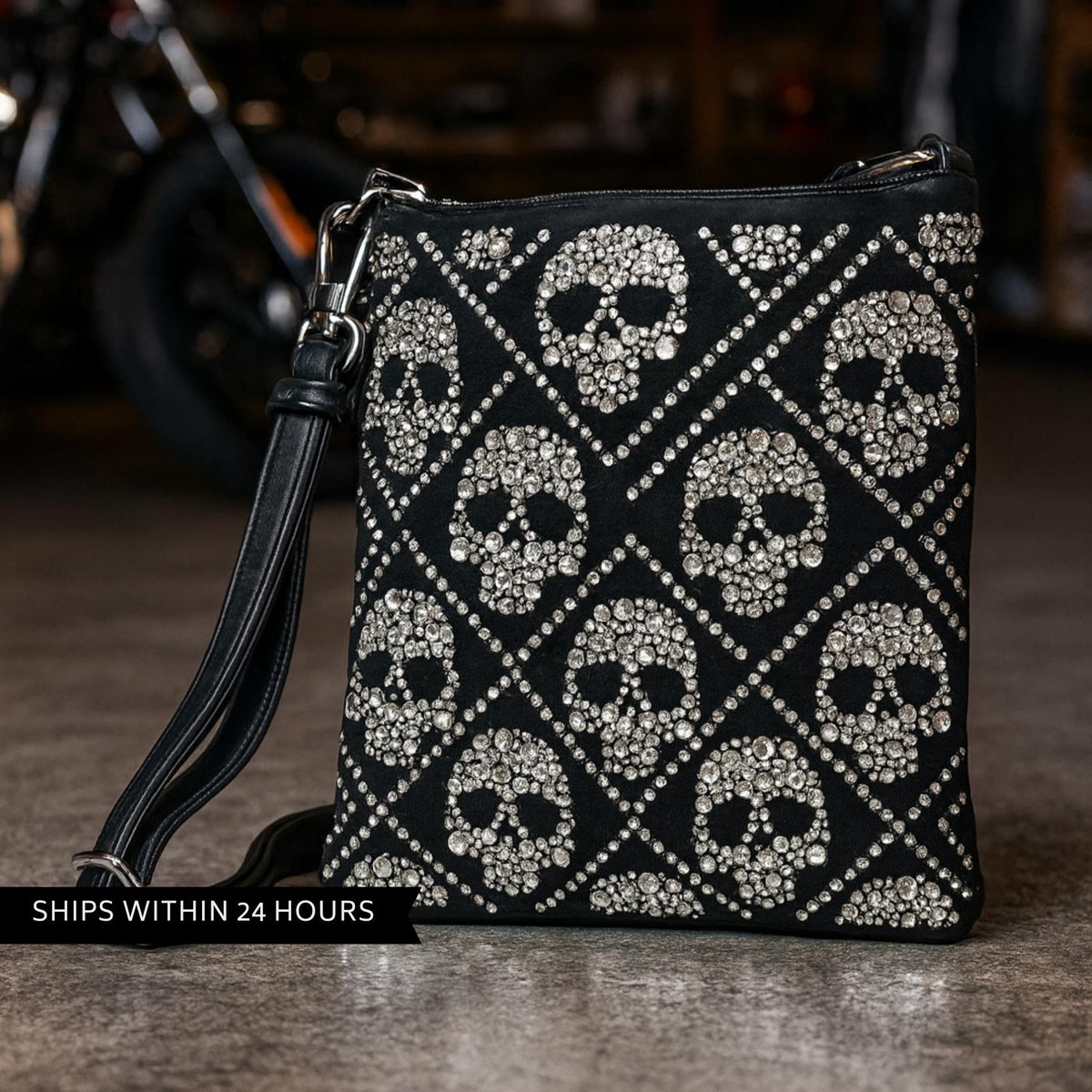 Rhinestone Skull Crossbody Bag, Faux Leather Sling Purse with Bling Detail