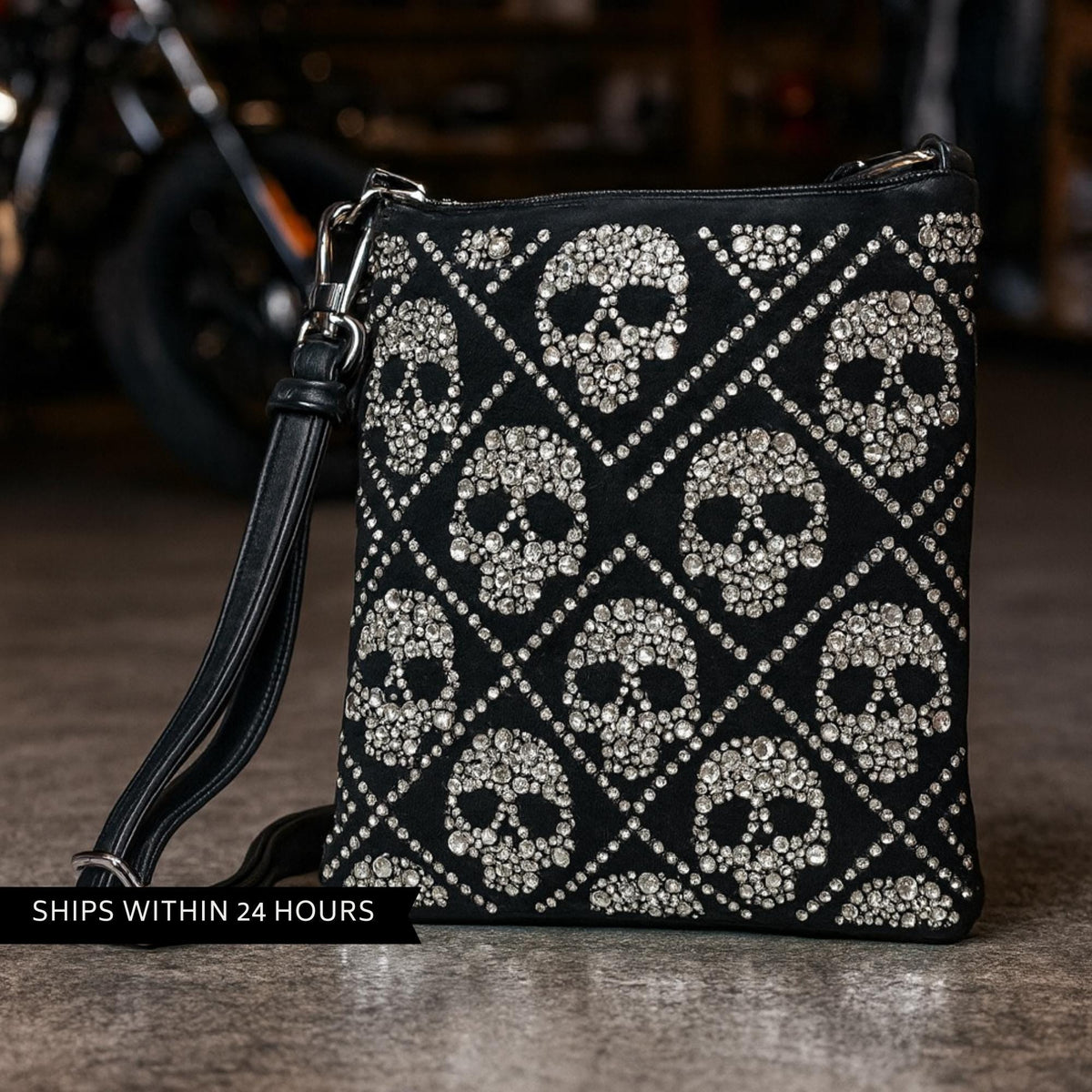 Rhinestone Skull Crossbody Bag, Faux Leather Sling Purse with Bling Detail