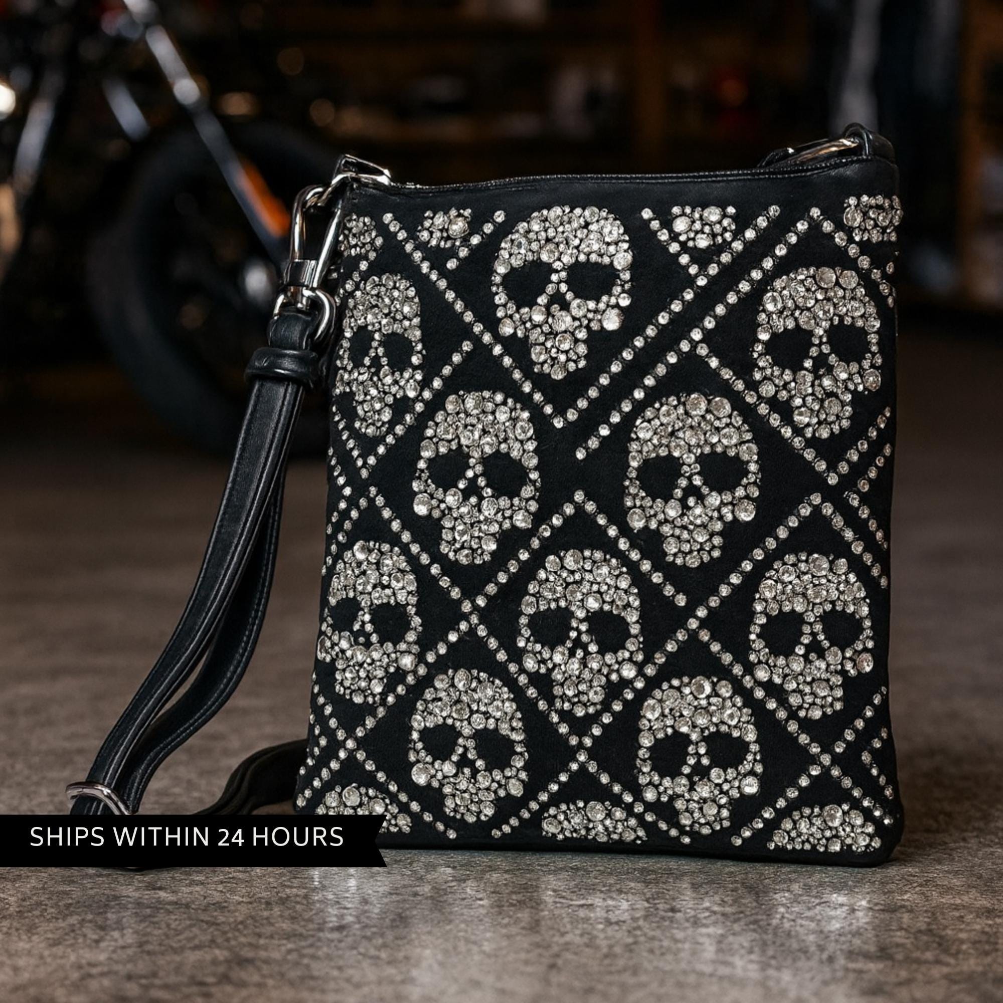 Rhinestone Skull Crossbody Bag, Faux Leather Sling Purse with Bling Detail