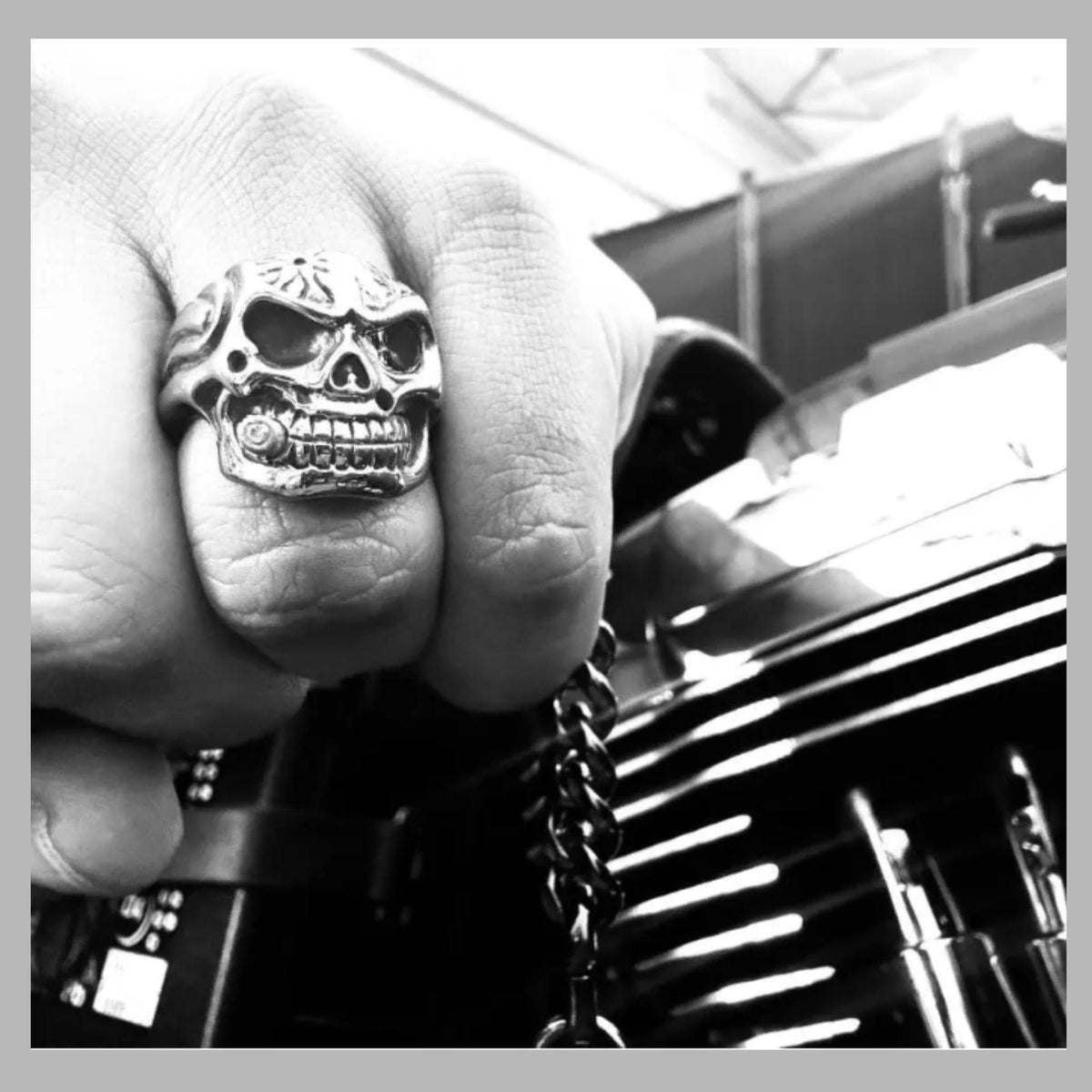 Skull Biker Ring with Cigar: Titanium Gothic Statement Ring for Men