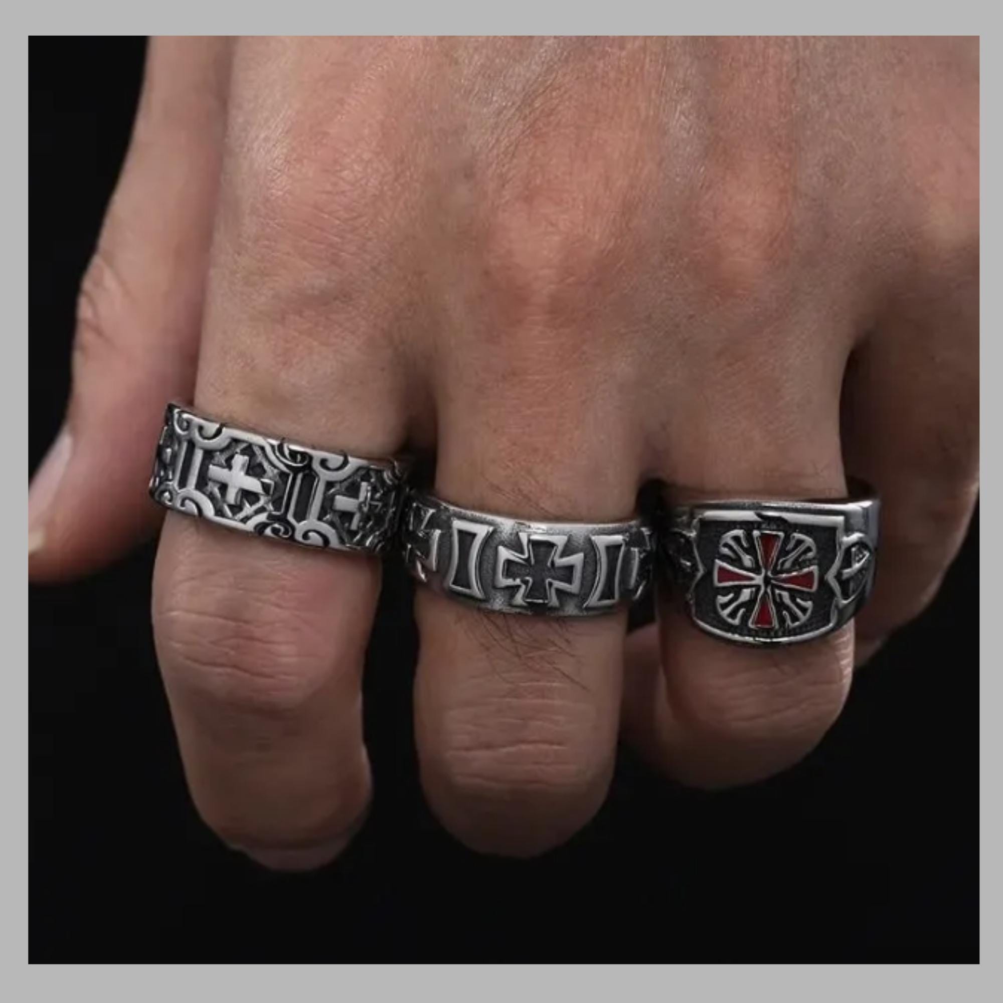 Iron Cross Biker Ring for Men, Stainless Steel Red Inlay Statement Ring