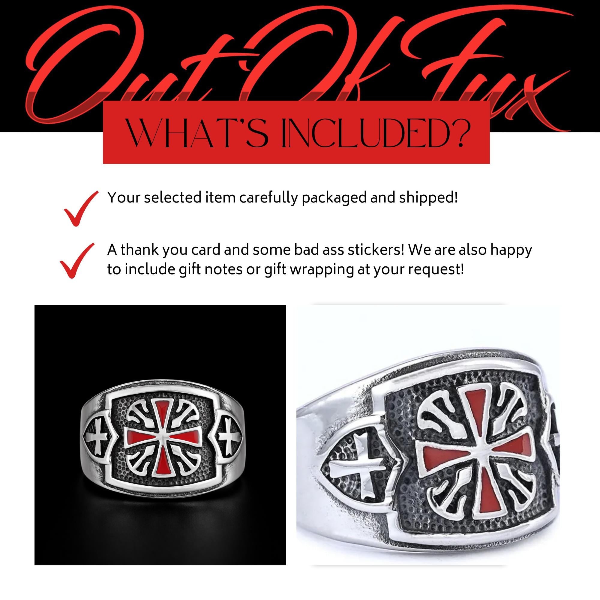 Iron Cross Biker Ring for Men, Stainless Steel Red Inlay Statement Ring