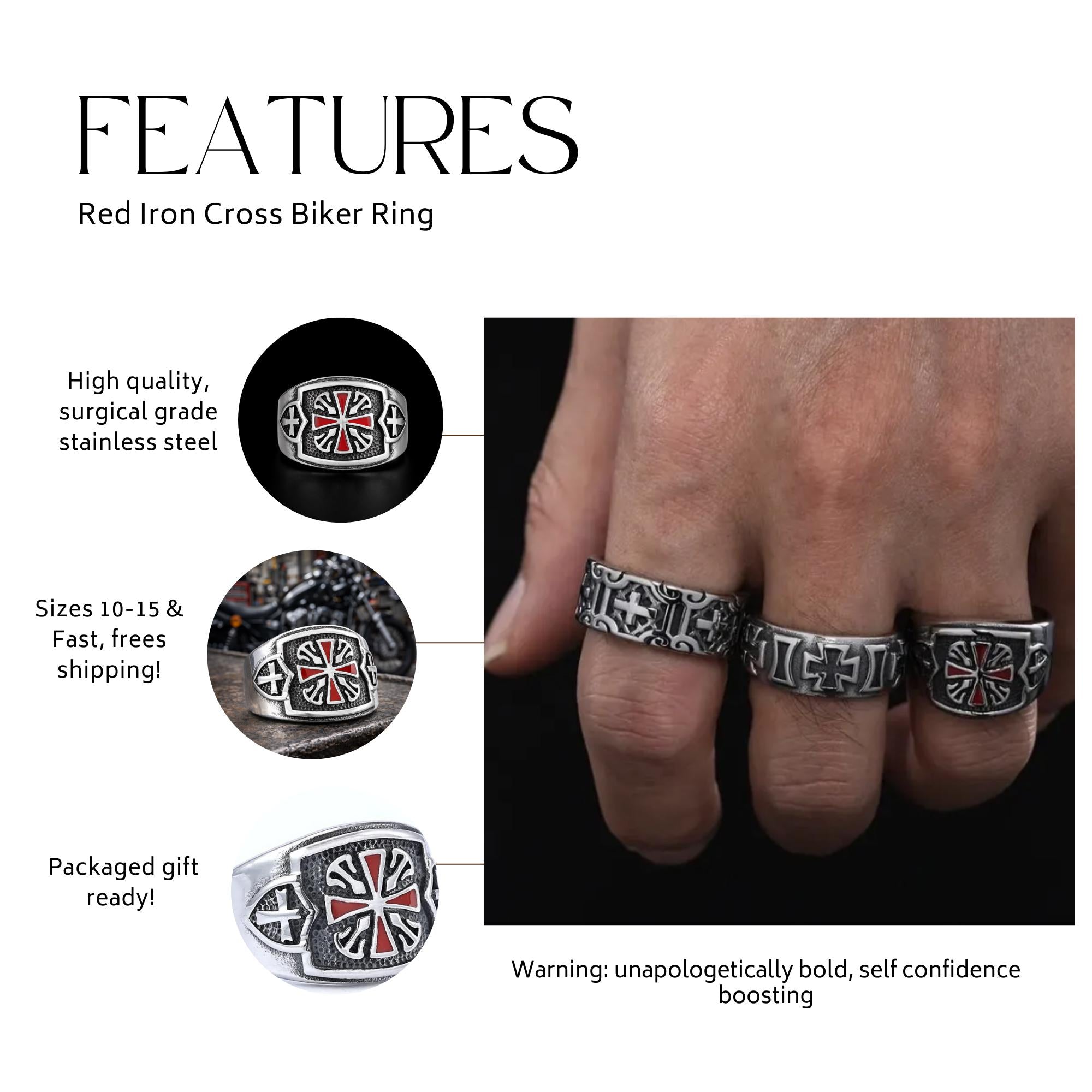 Iron Cross Biker Ring for Men, Stainless Steel Red Inlay Statement Ring