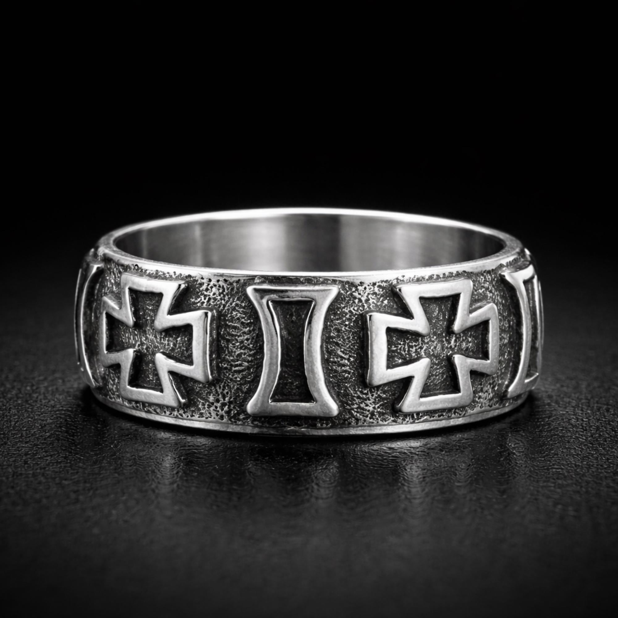 Iron Cross Band Ring for Men, Stainless Steel Engraved Gothic Ring