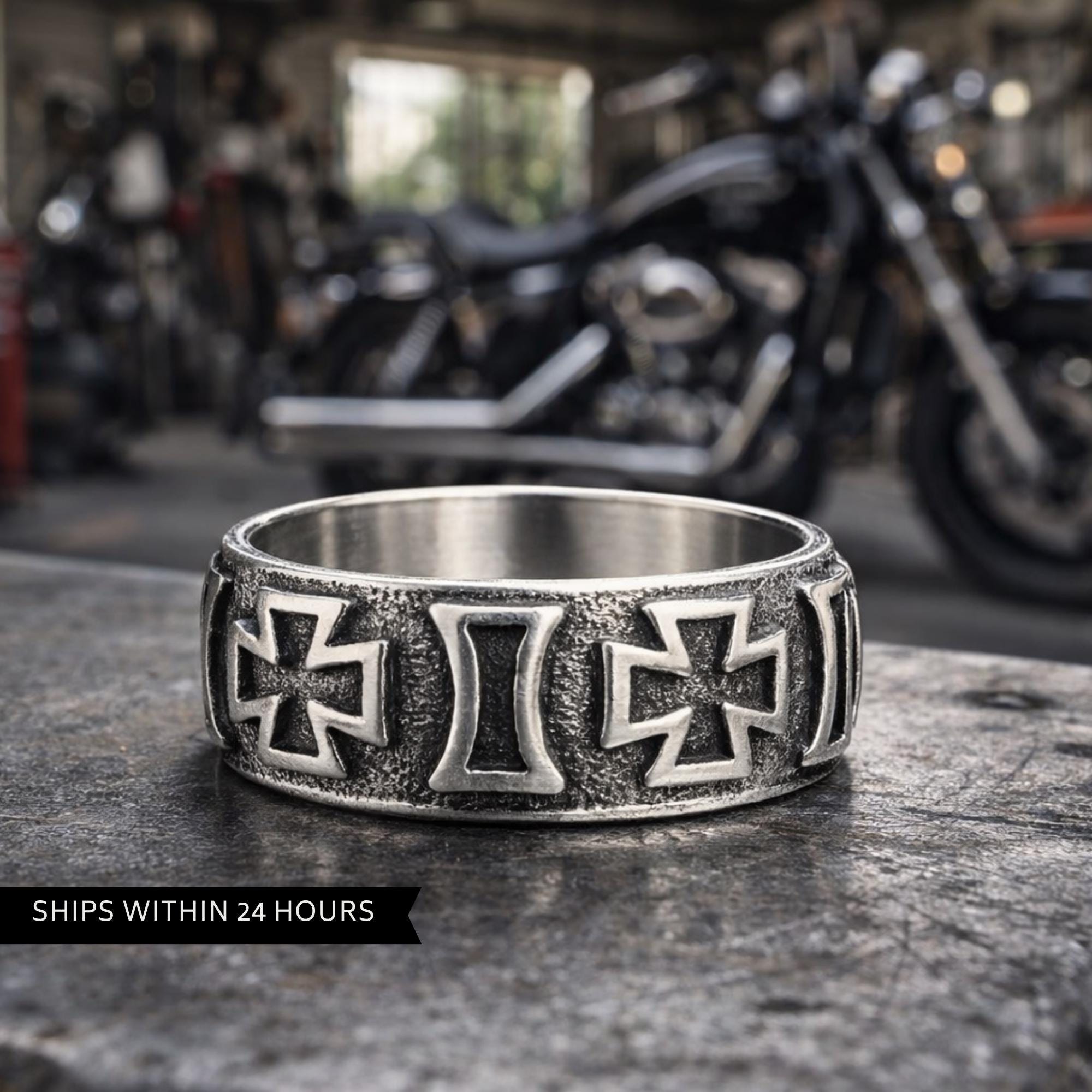 Iron Cross Band Ring for Men, Stainless Steel Engraved Gothic Ring