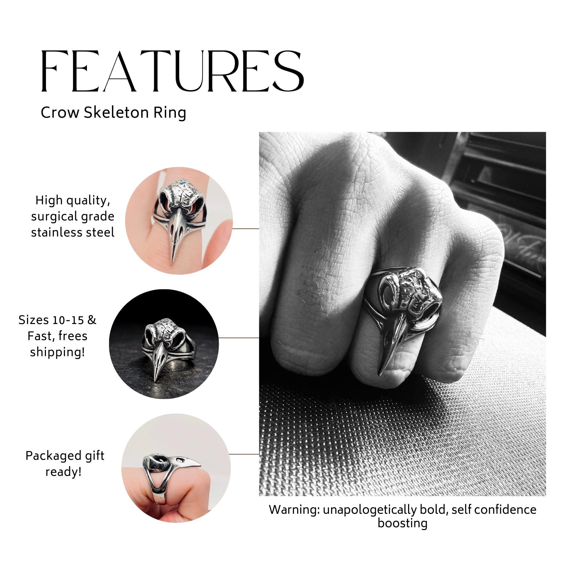 Stainless Steel Crow Skull Ring for Men, Gothic Biker Statement Jewelry
