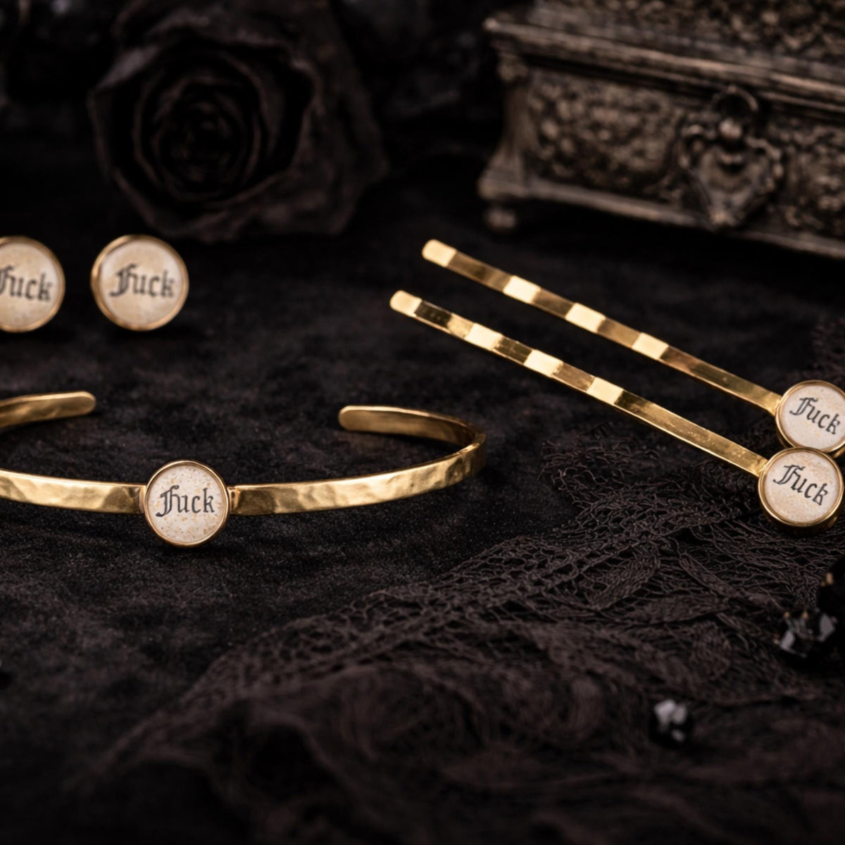 Edgy Brass Jewelry Set, Swear Word Cuff Bracelet, Stud Earrings, Bobby Pins