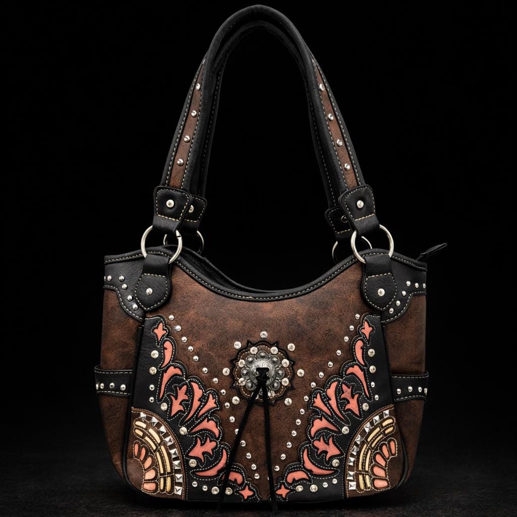 Western Faux Leather Cowgirl Shoulder Bag with Concho and Secure Back Pocket