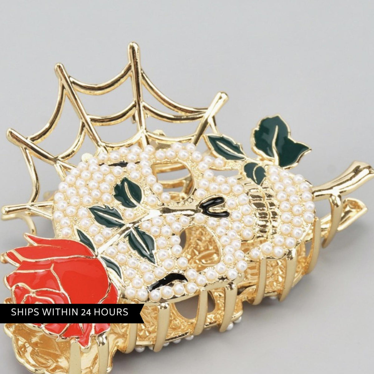 Gold Skull Hair Clip with Pearls, Gothic Statement Accessory for Edgy Alternative Style