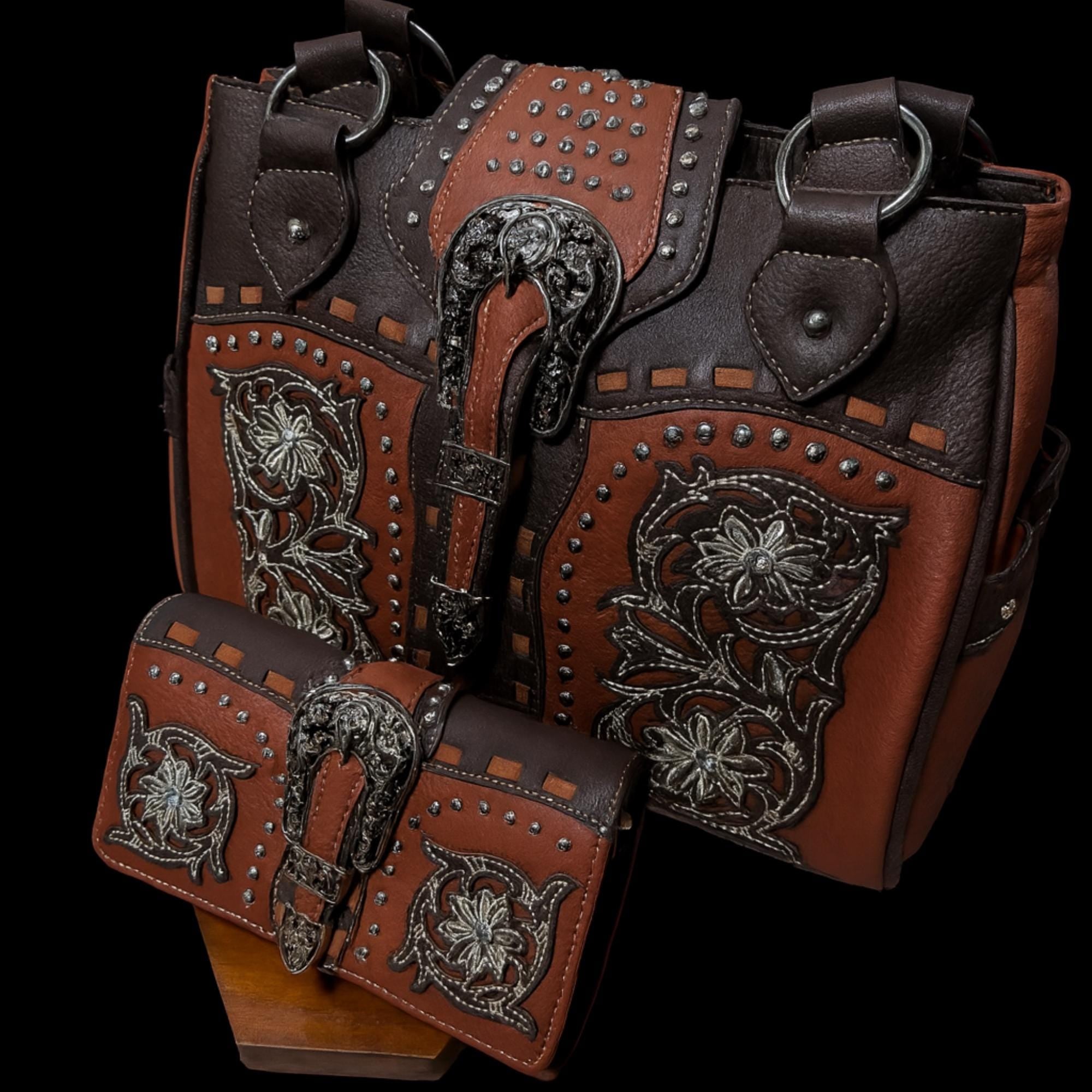 Brown Western Purse and Wallet Set, Faux Leather Buckle Detail