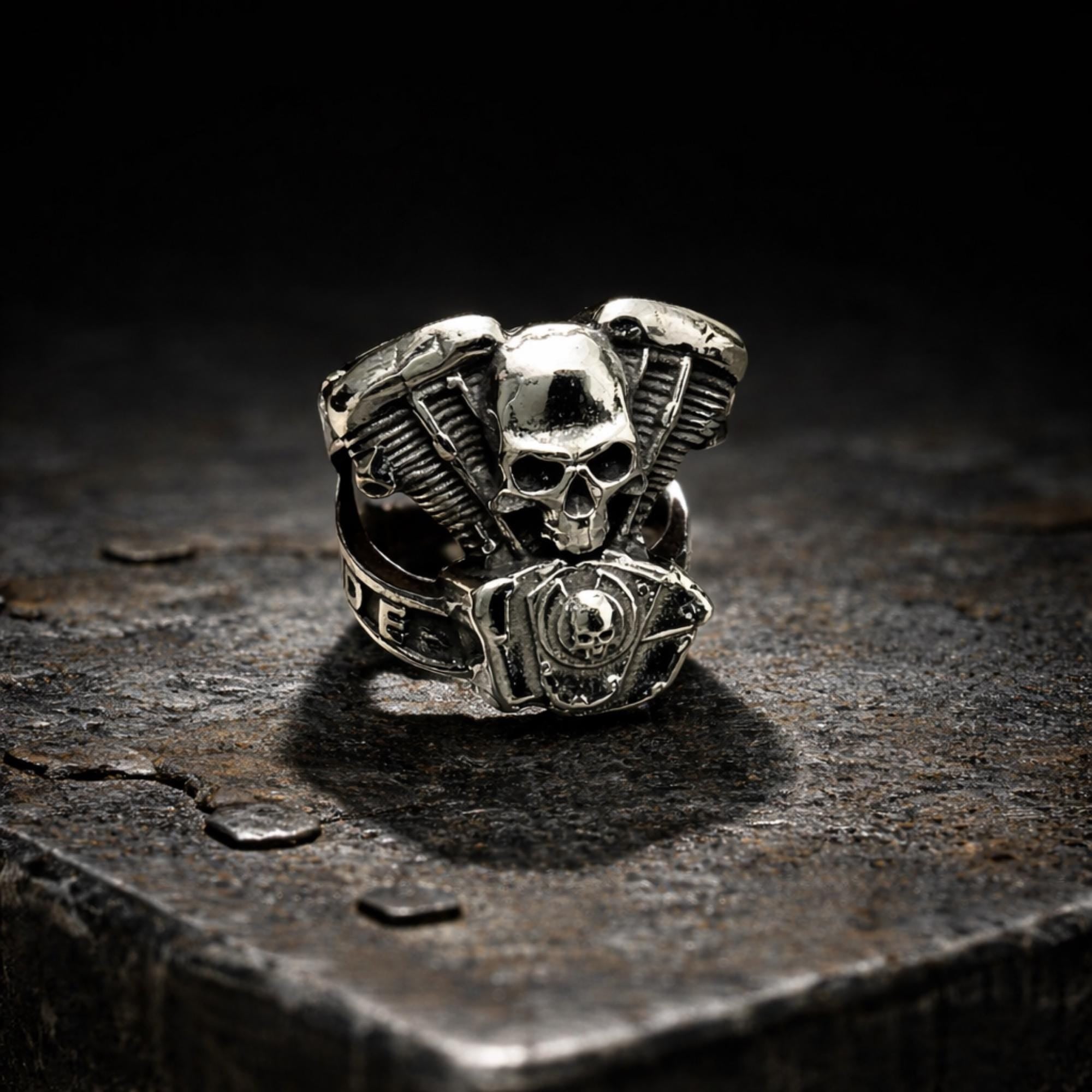 Stainless Steel Motorcycle Skull Ring, Men’s Biker Ring with Engine Detail
