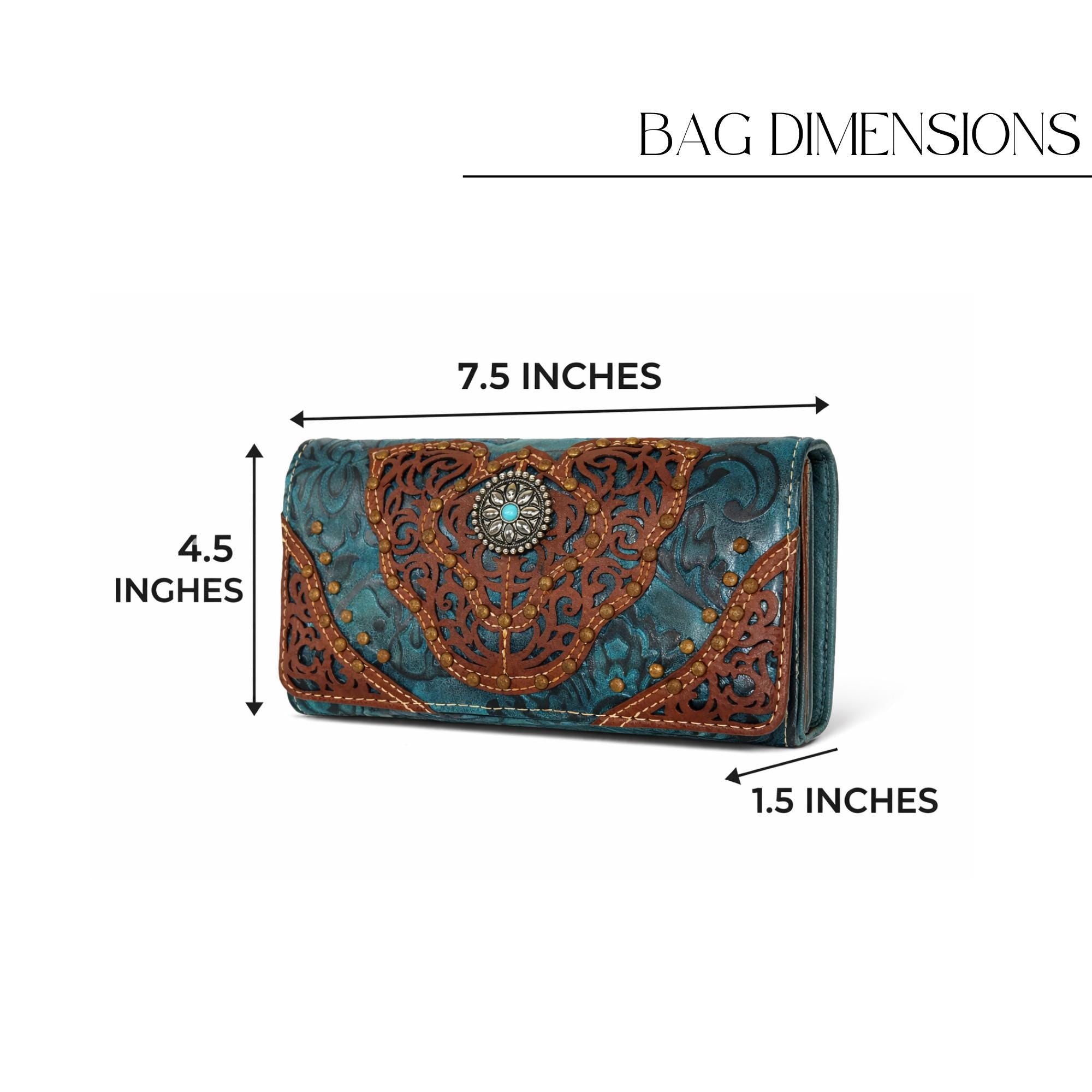 Turquoise Western Wristlet Crossbody Wallet, Tooled Faux Leather Trifold with Strap