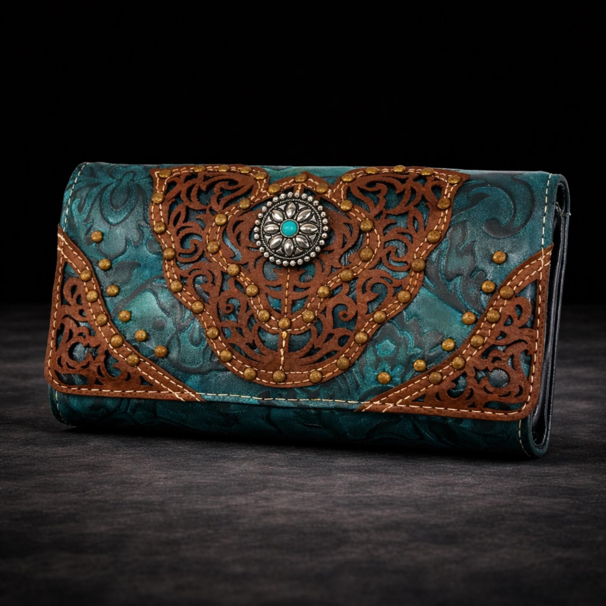 Turquoise Western Wristlet Crossbody Wallet, Tooled Faux Leather Trifold with Strap