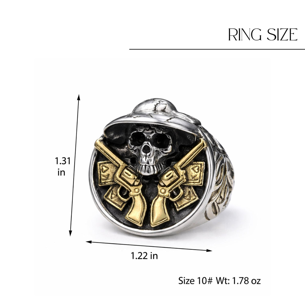 Stainless Steel Biker Skull Ring with 18K Gold Detail, Men’s Statement Ring