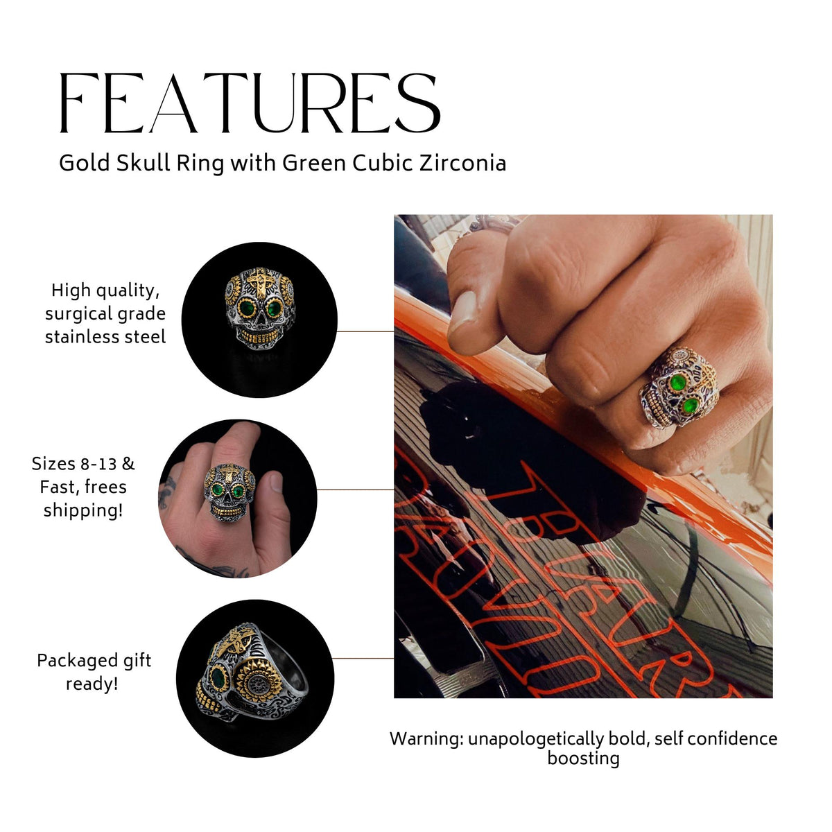 Mens Sugar Skull Ring with Green Stone, Chunky Biker Skull Ring for Motorcycle Style