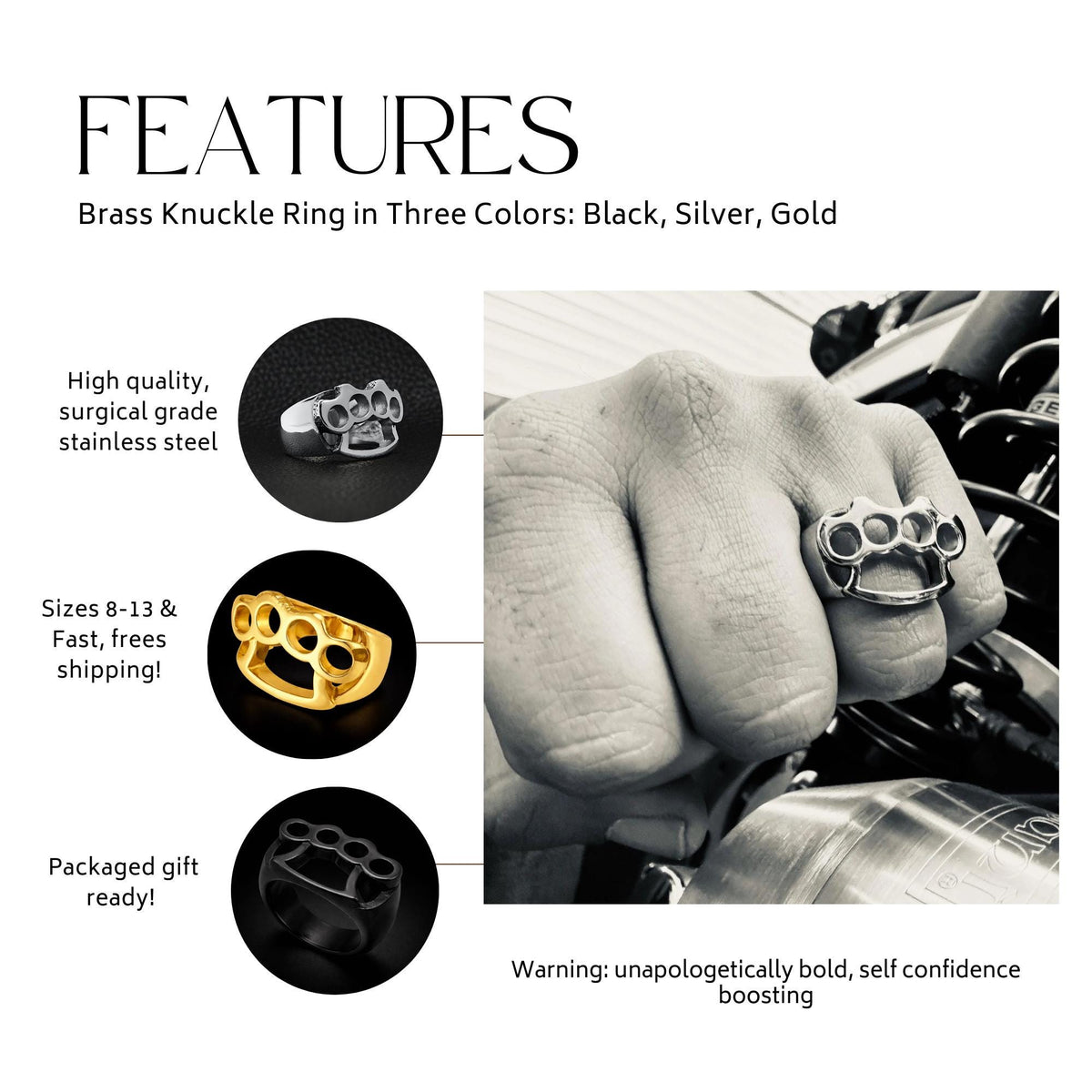 Stainless Steel Brass Knuckle Ring for Men, Bold Biker Statement Jewelry