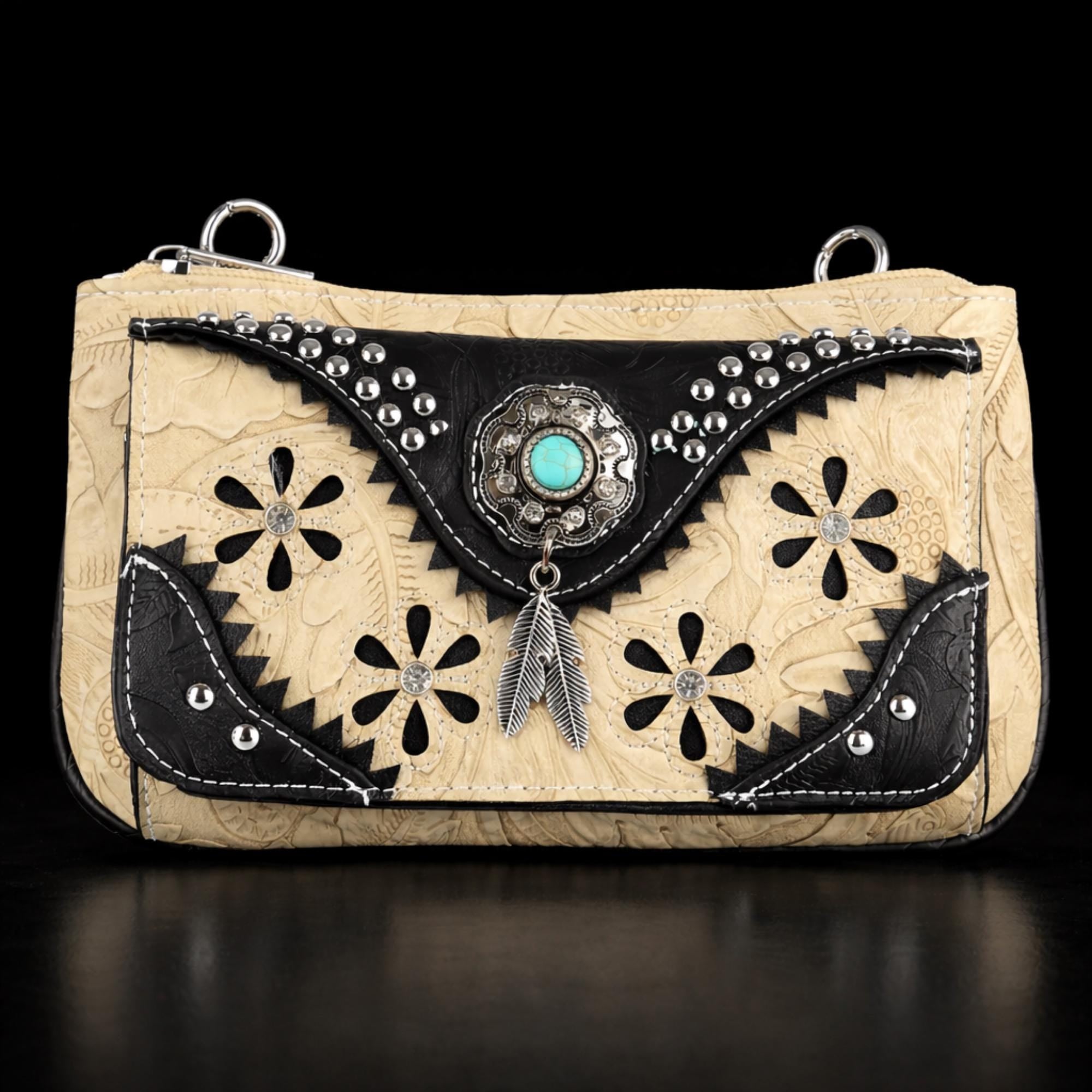 Western Floral Embossed Crossbody Bag: Faux Leather Cowgirl Purse with Turquoise Concho