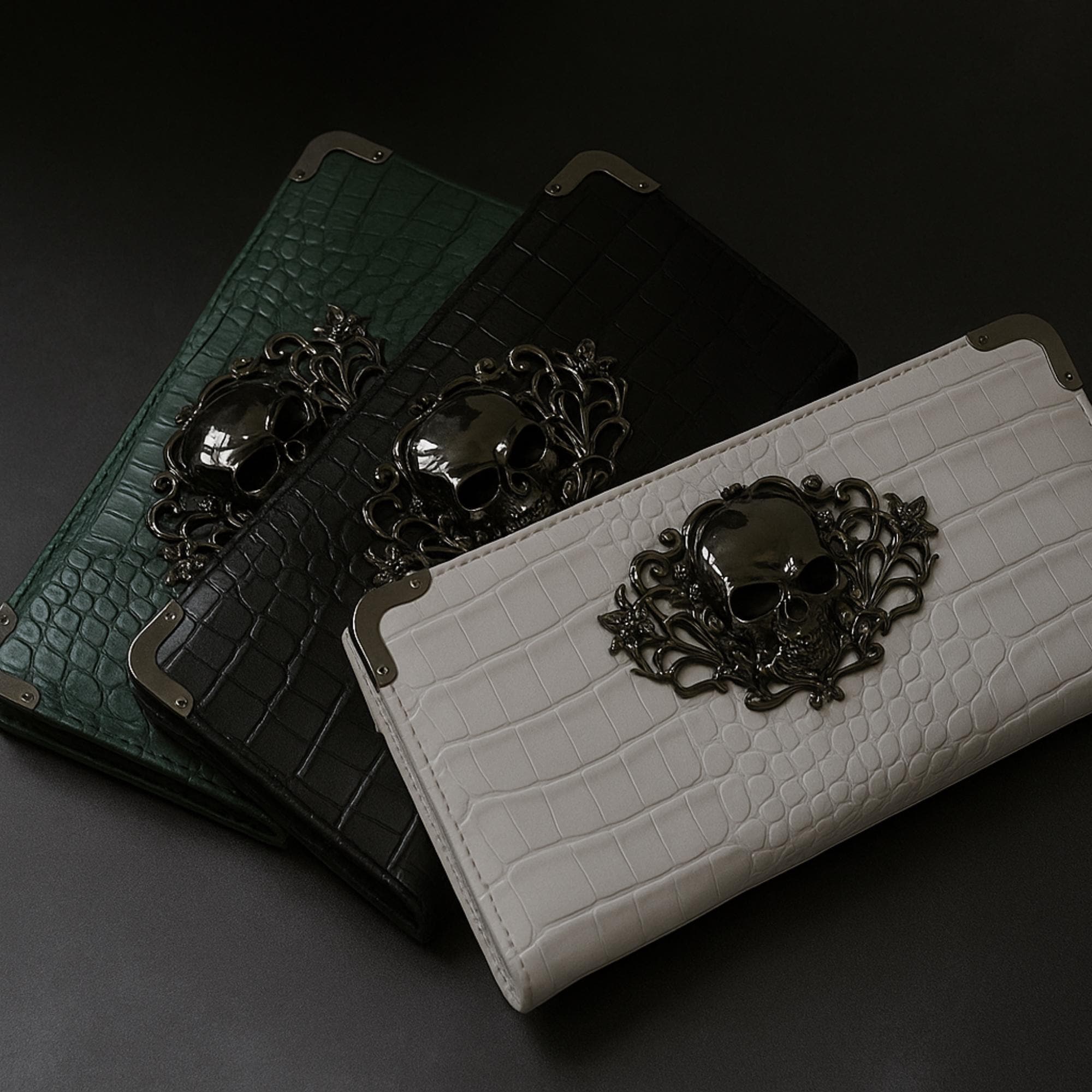 Goth Faux Leather Wallet with Skull Hardware: Compact Accordion Card Holder