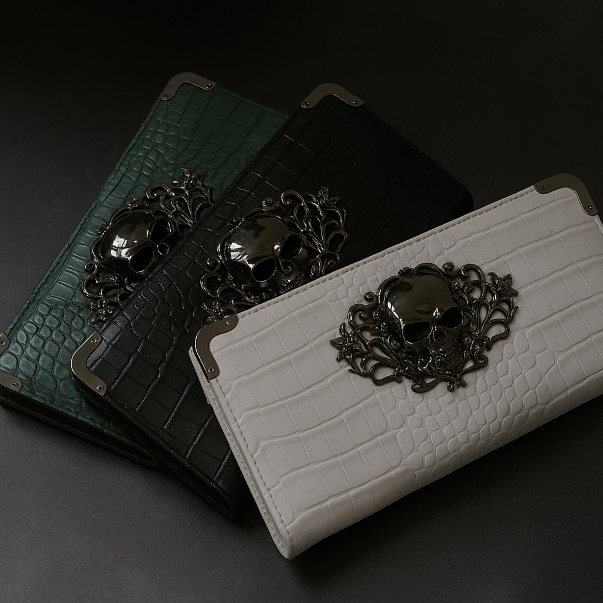 Goth Faux Leather Wallet with Skull Hardware: Compact Accordion Card Holder