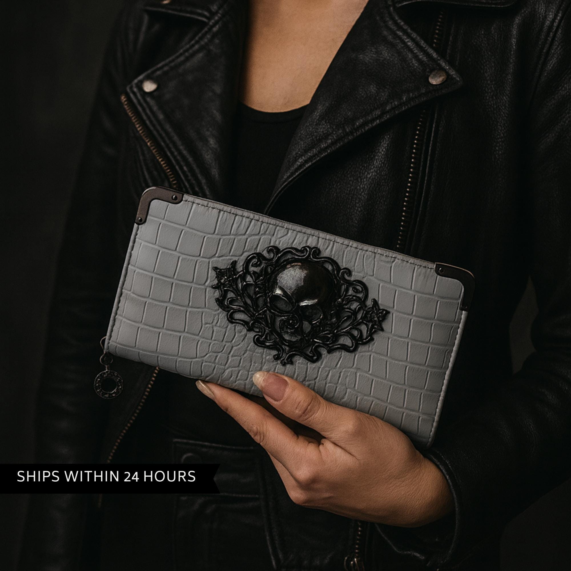 Goth Faux Leather Wallet with Skull Hardware: Compact Accordion Card Holder