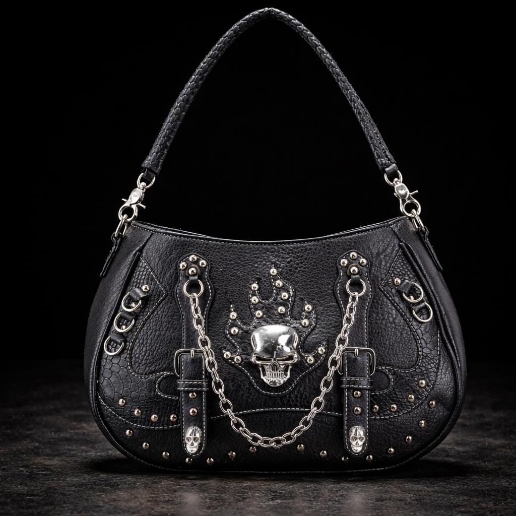 Black Faux Leather Skull Handbag: Studded Biker Style Shoulder Bag