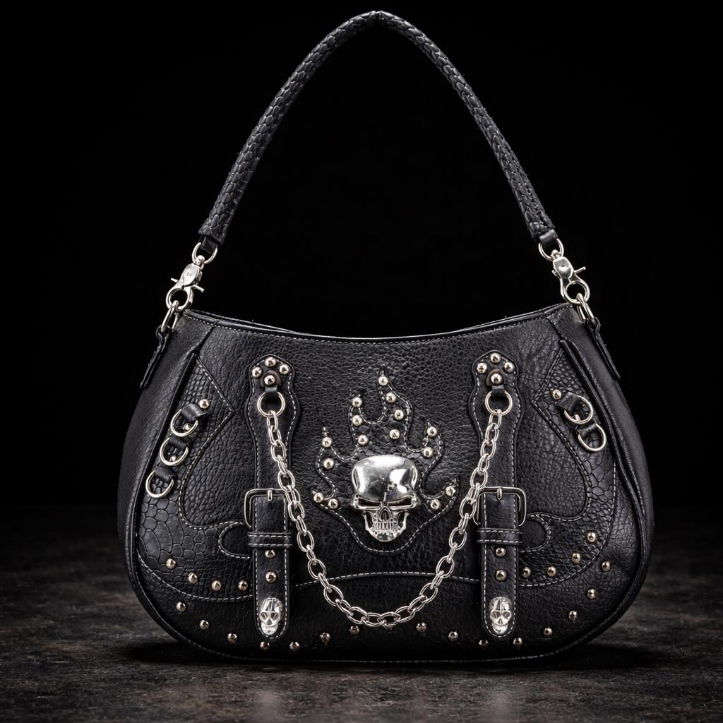 Black Faux Leather Skull Handbag: Studded Biker Style Shoulder Bag