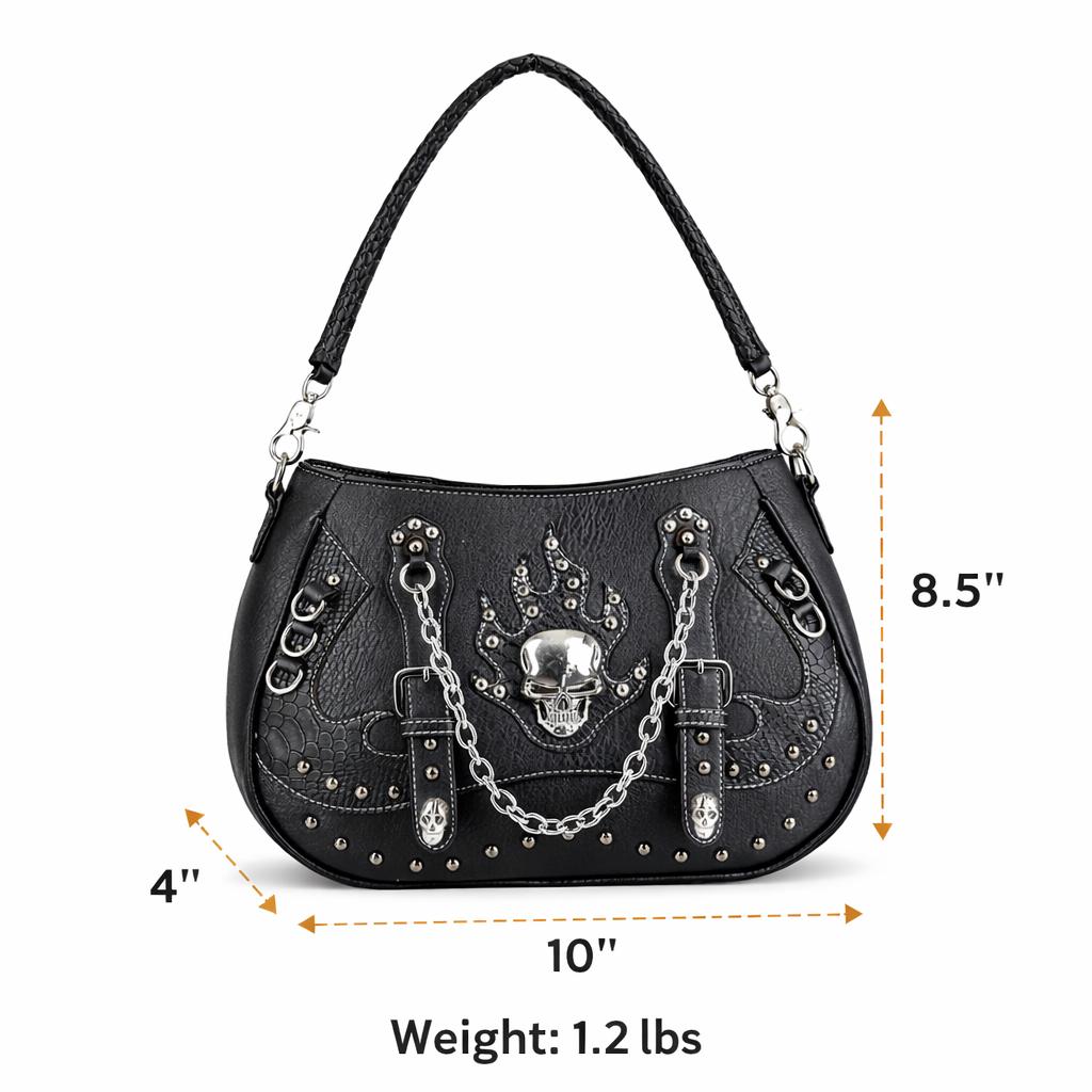 Black Faux Leather Skull Handbag: Studded Biker Style Shoulder Bag