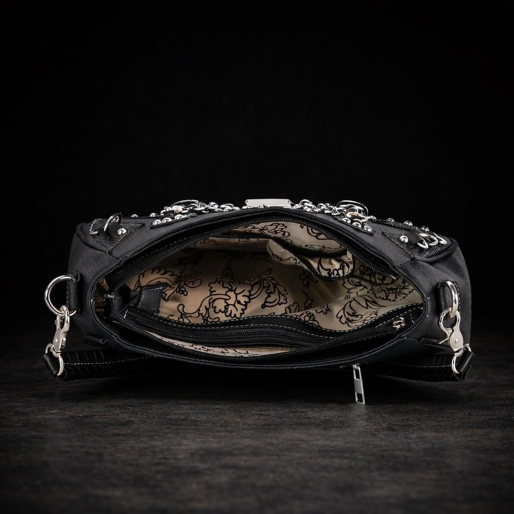 Black Faux Leather Skull Handbag: Studded Biker Style Shoulder Bag
