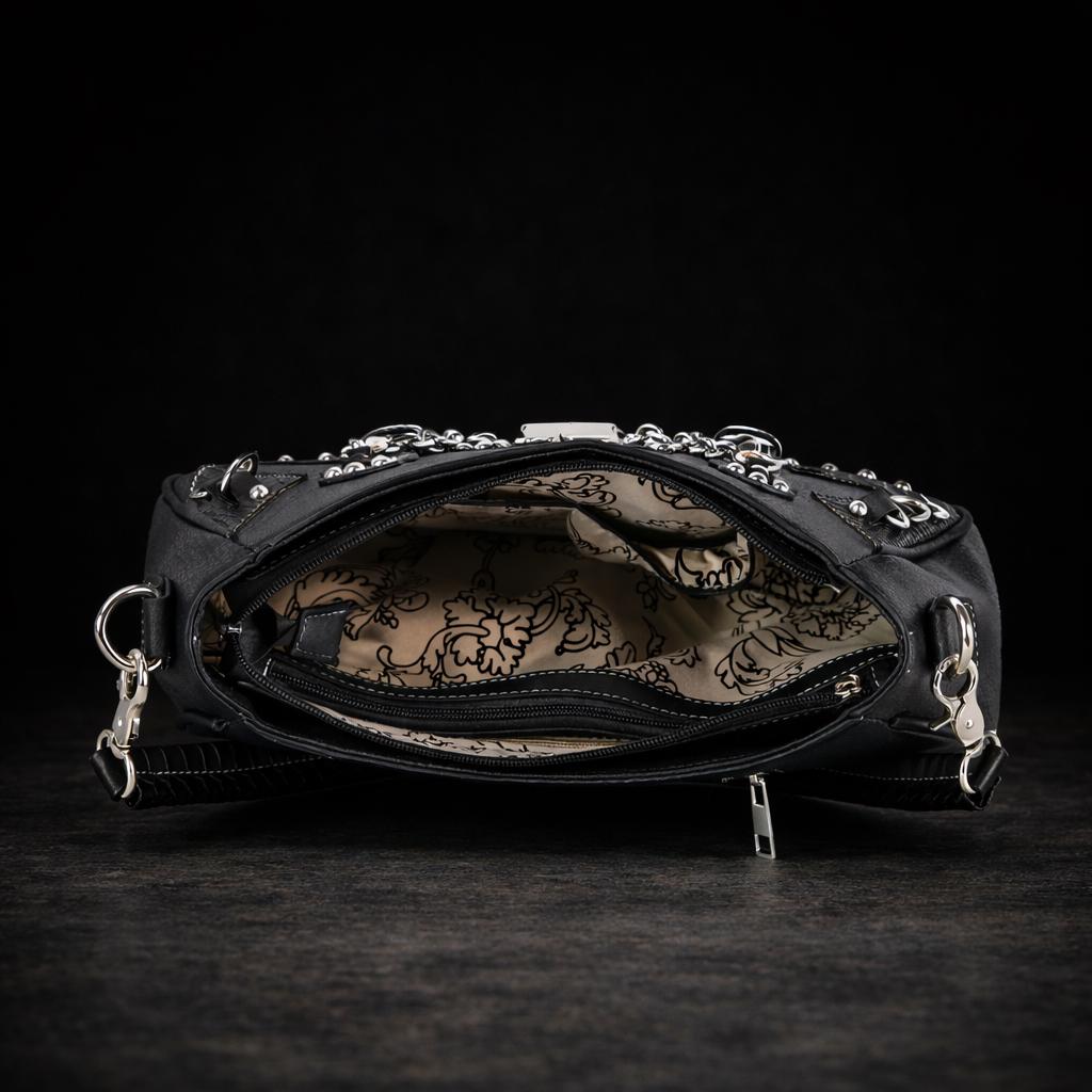 Black Faux Leather Skull Handbag: Studded Biker Style Shoulder Bag