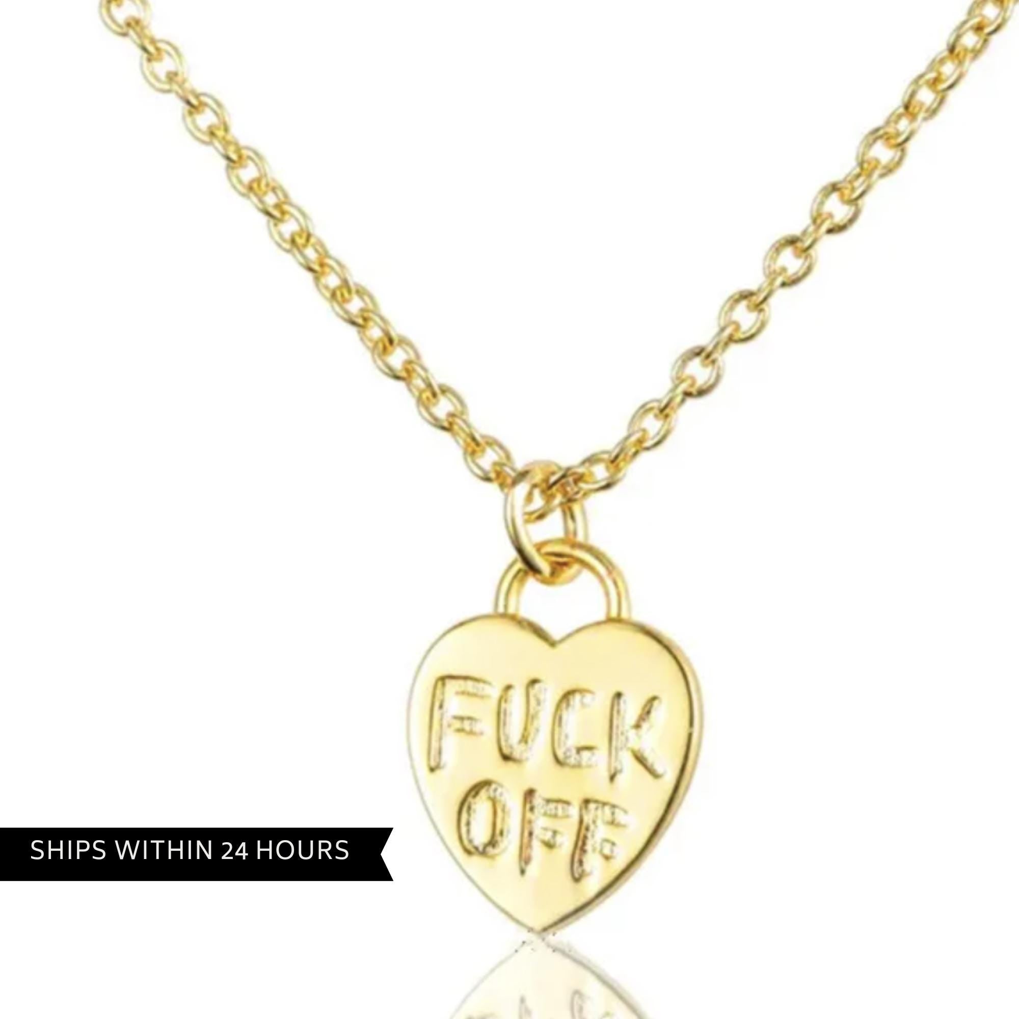 Gold Fuck Off Jewelry Set: Stainless Steel Necklace and Ring Bundle