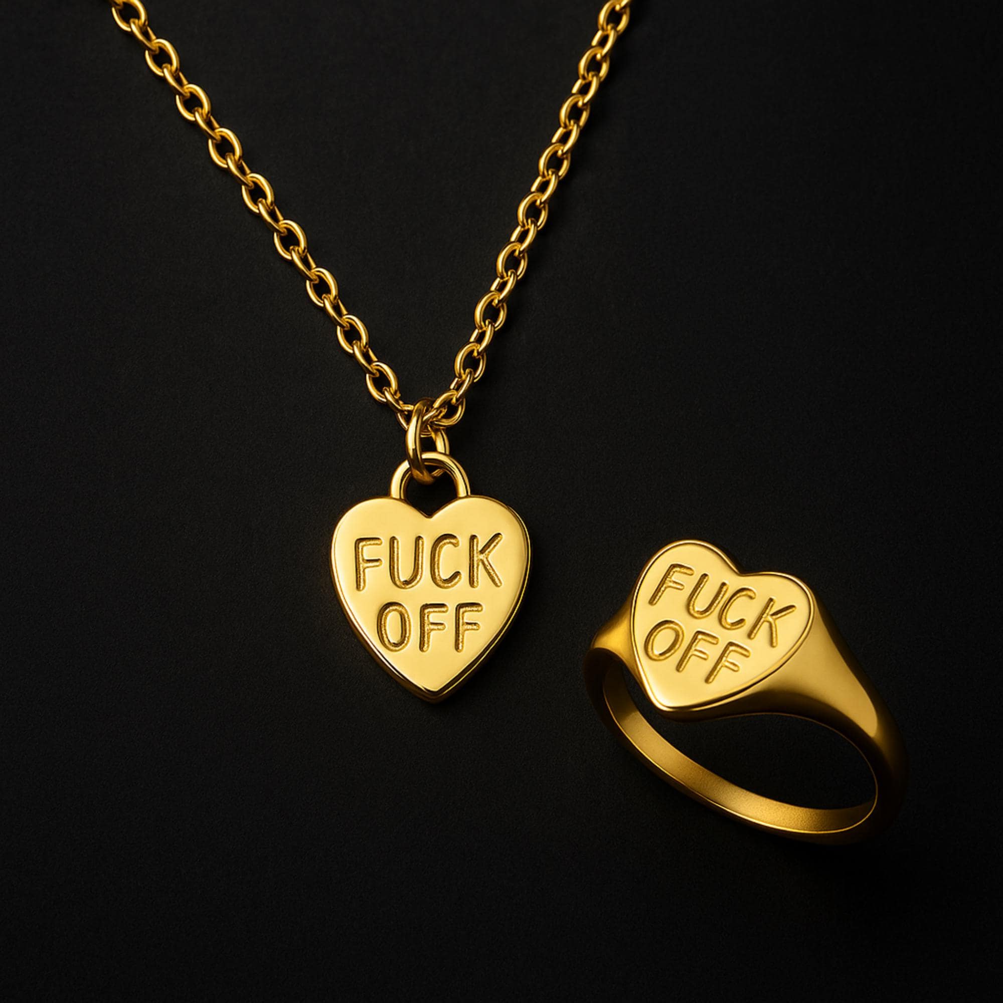 Gold Fuck Off Jewelry Set: Stainless Steel Necklace and Ring Bundle