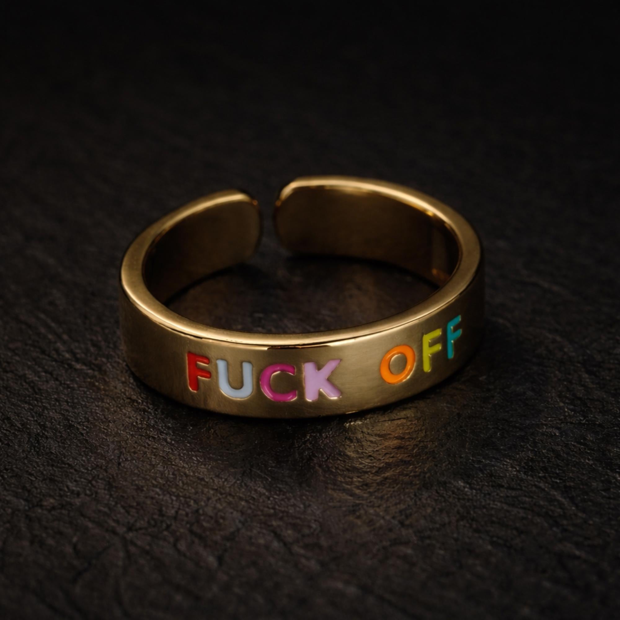 Colorful Fuck Off Ring, Gold Adjustable Statement Jewelry with Bold Swear Word