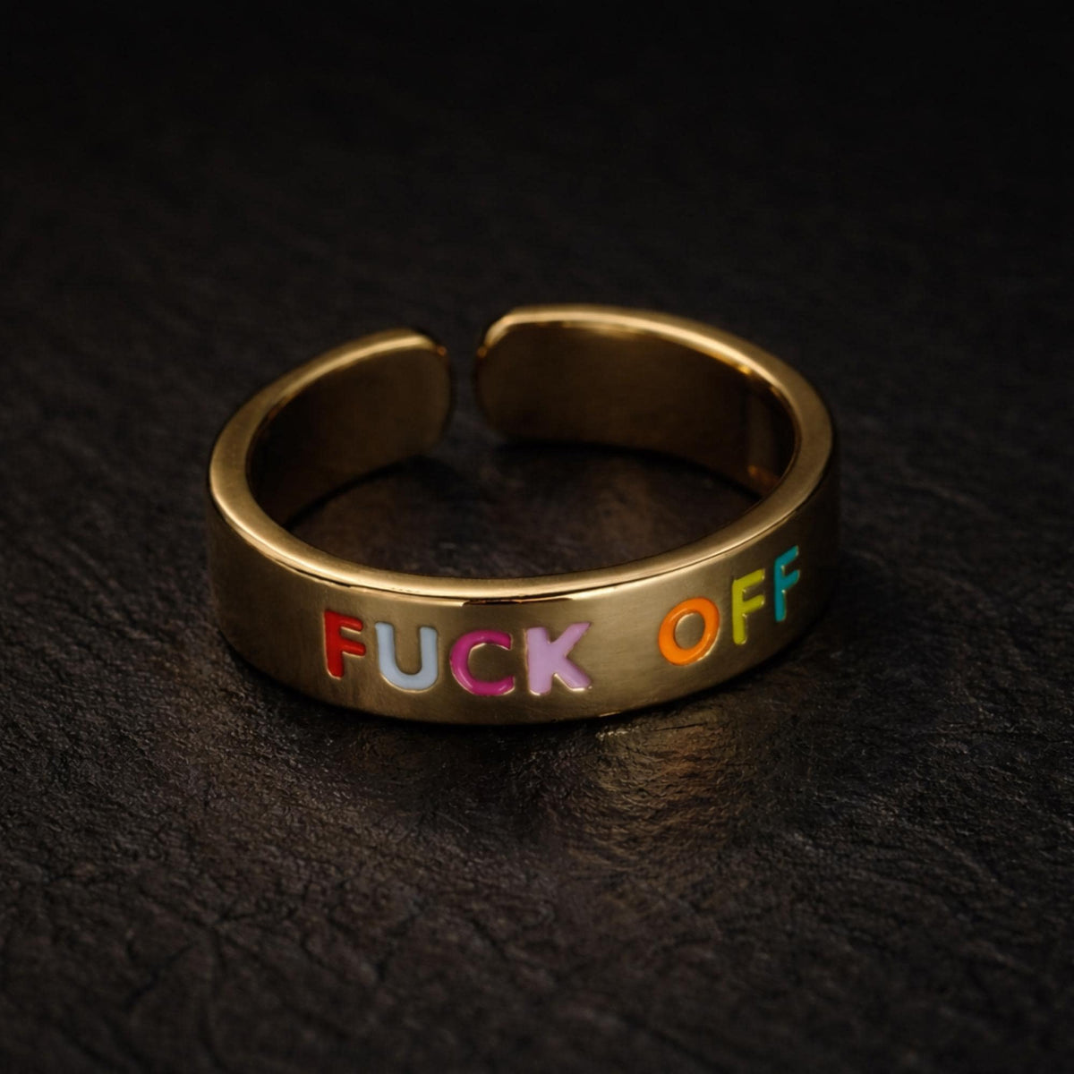 Colorful Fuck Off Ring, Gold Adjustable Statement Jewelry with Bold Swear Word